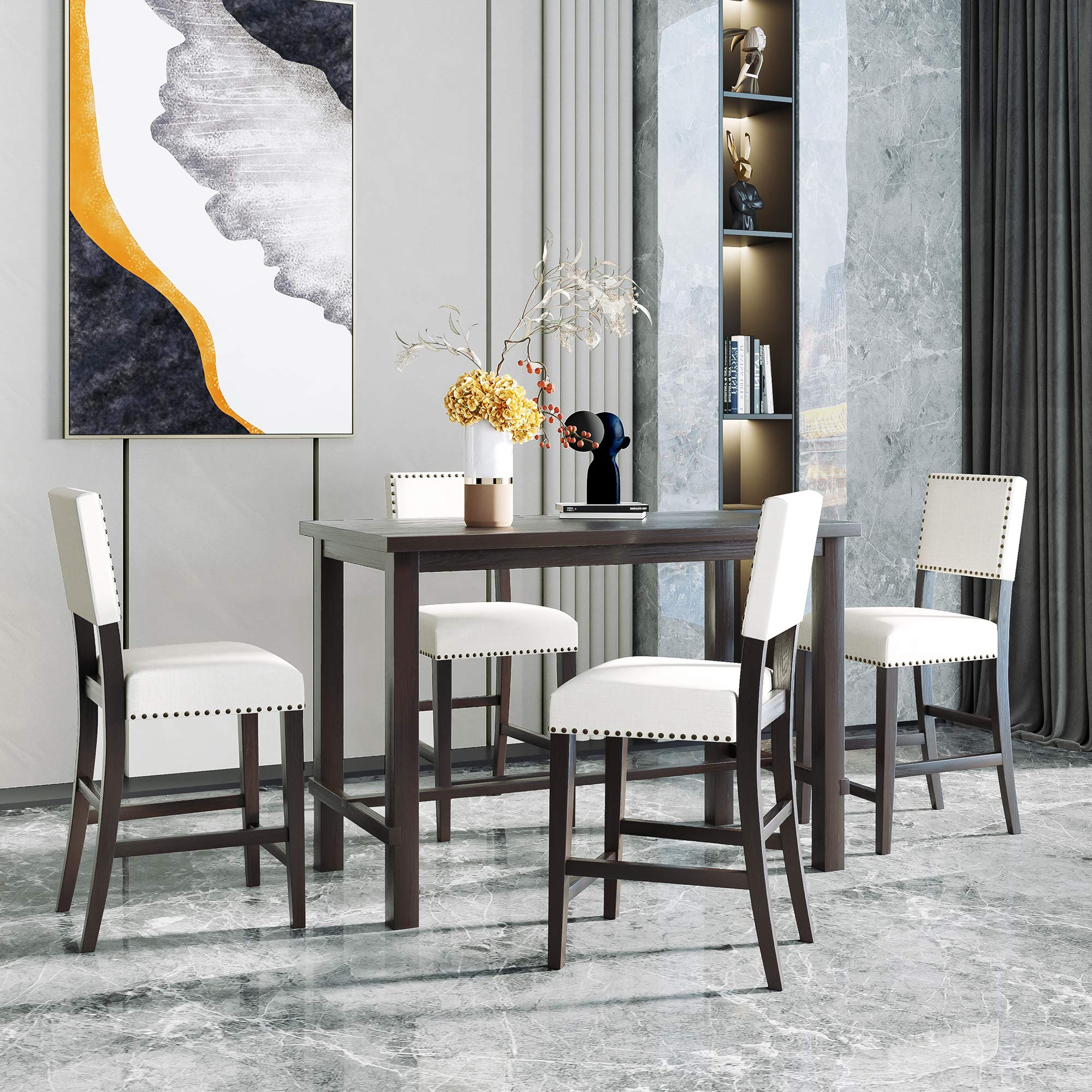 5-Piece Counter Height Dining Set with Faux Marble Table & Upholstered Chairs