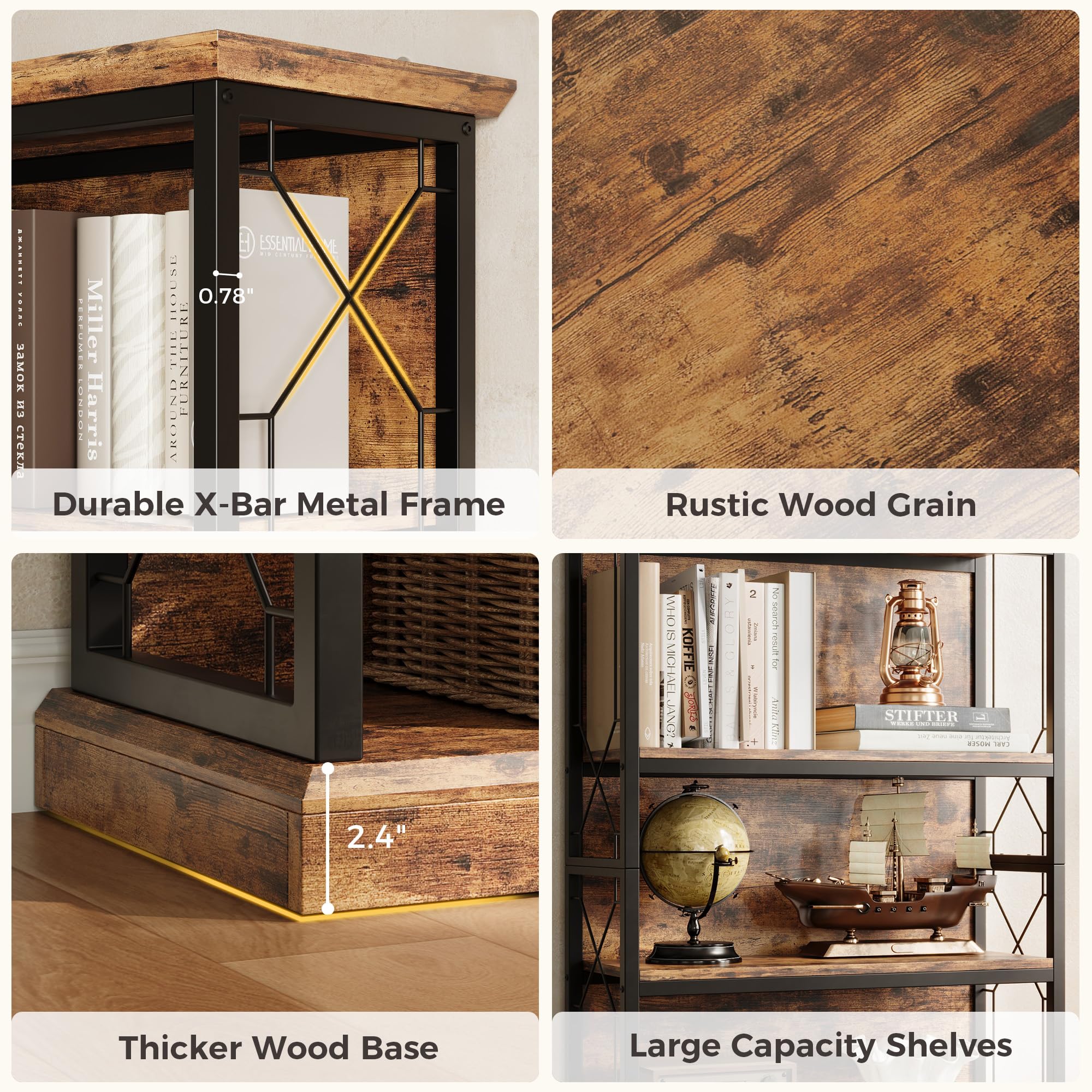 IRONCK 71 Inch Industrial Bookshelf, 5 Tier Tall Bookshelf and Bookcase to Display and Collect, Thicken Wood Rustic Book Shelf with Thicken Metal Frame for Living Room and Bedroom, Rustic Brown