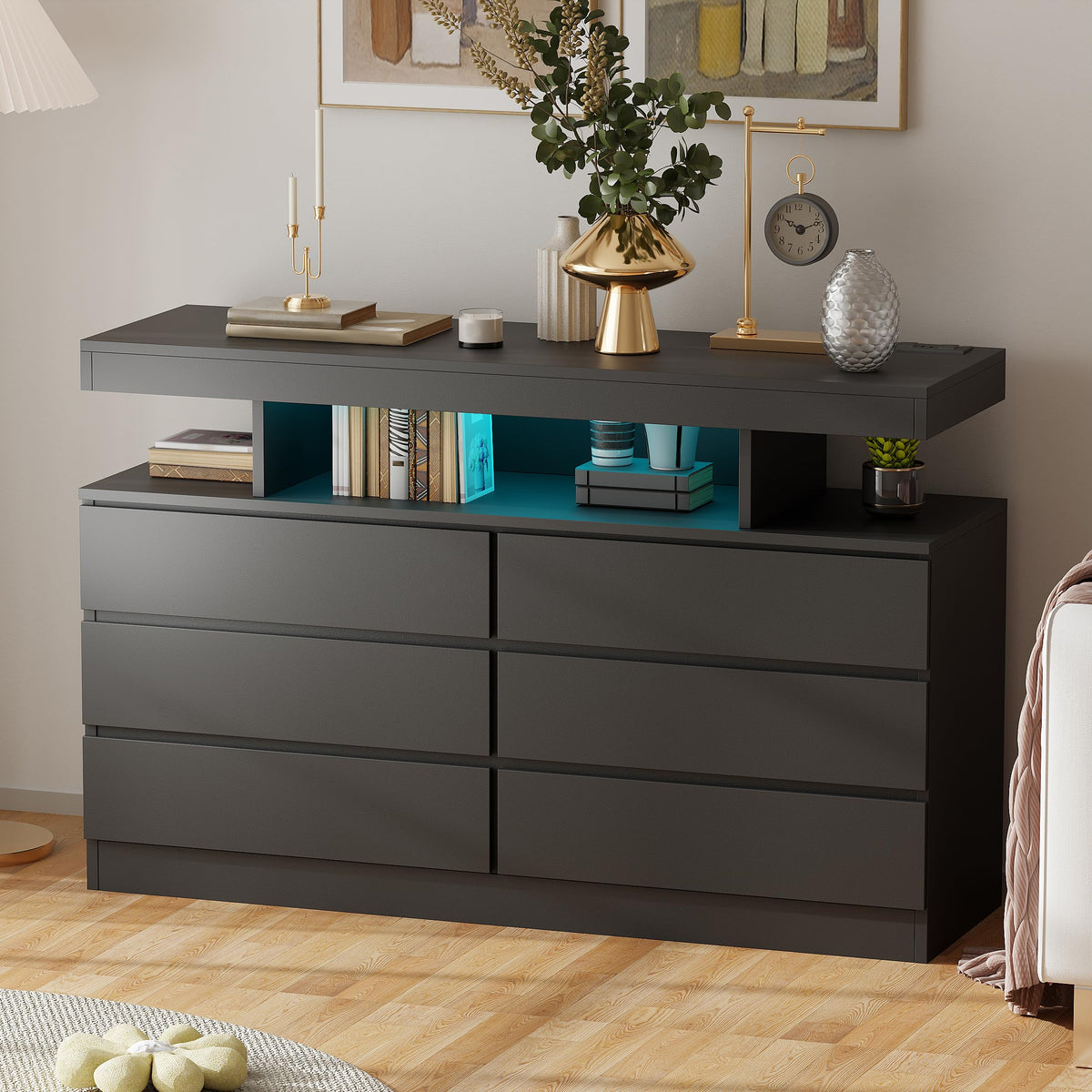 BEWISHOME Black Dresser for Bedroom with Charging Station and LED Lights