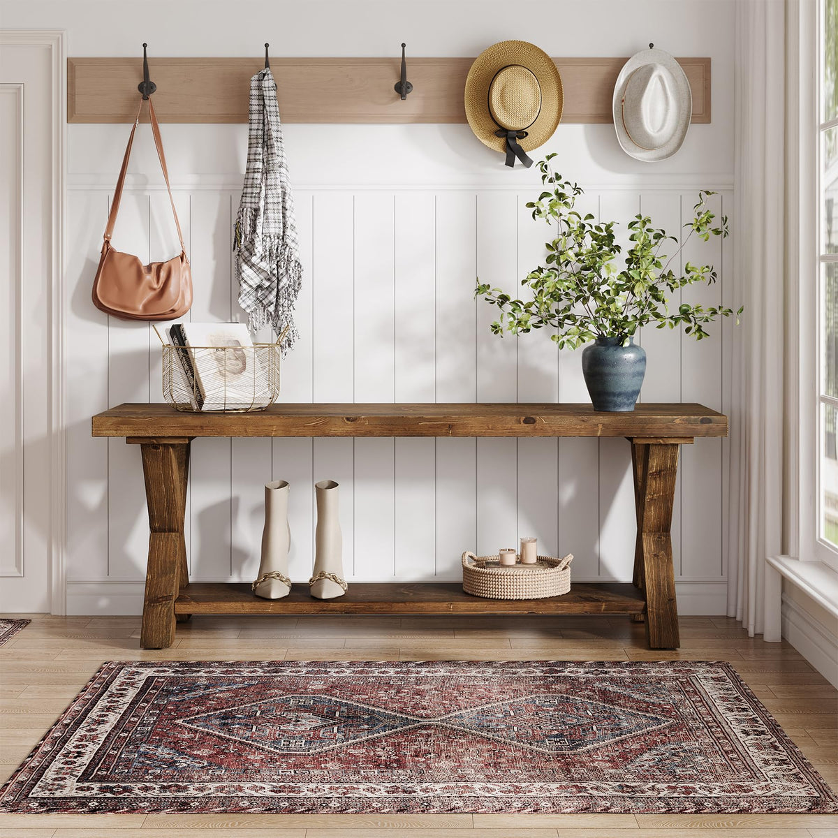 TRIBEWOOD 43.3" Solid Wood Bench, Farmhouse Wooden Entryway Bench with Storage Shelf, X-Shaped Leg Design, Entry Way Shoe Benches Seat for Hallway, Kitchen, Bedroom, Living Room