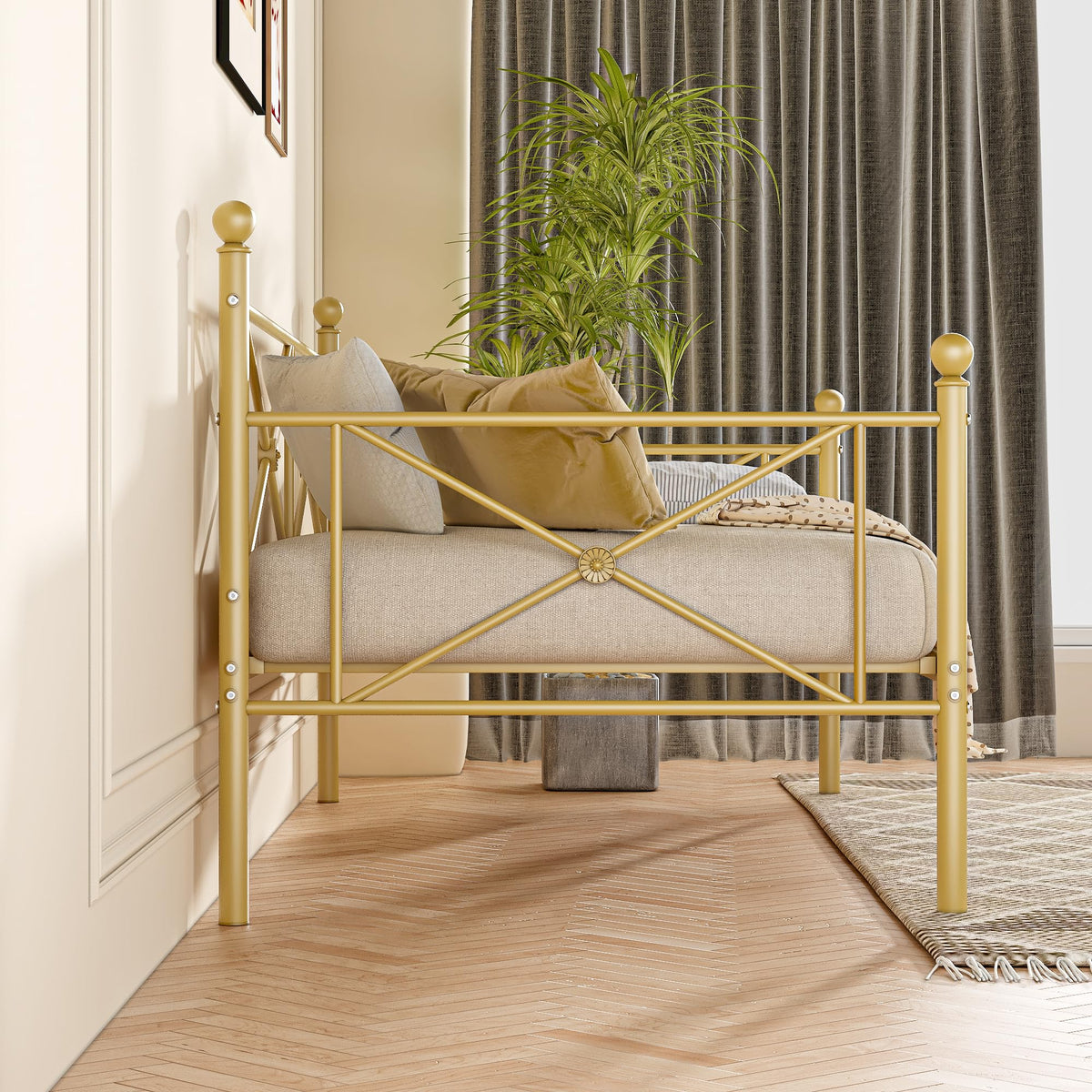 VECELO Daybed Twin Size, Day Bed Frame with Headboard, Heavy-Duty Metal Slats Support Platform for Living Room, Guest Room, Easy Assembly, Gold