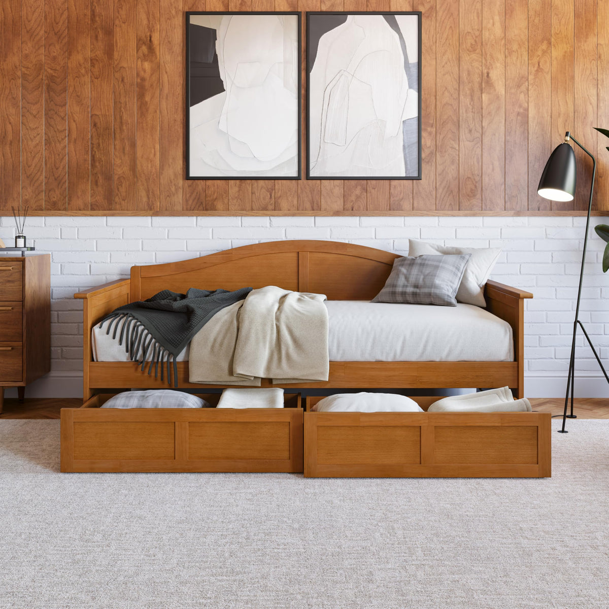 AFI, Acadia Twin Wood Daybed with 2 Storage Drawers, Light Toffee