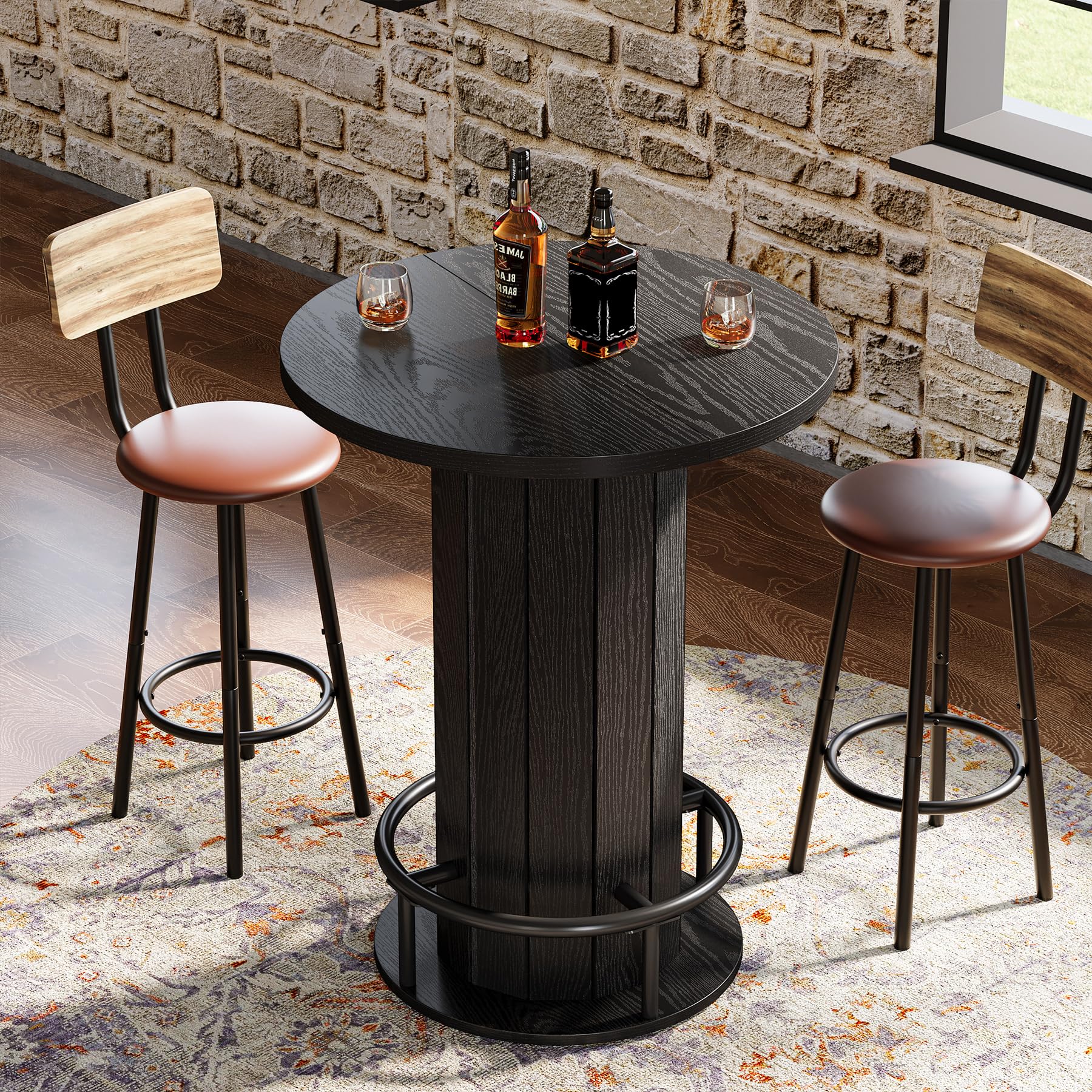 Farmhouse Round Bar Table with Metal Ring Footrest