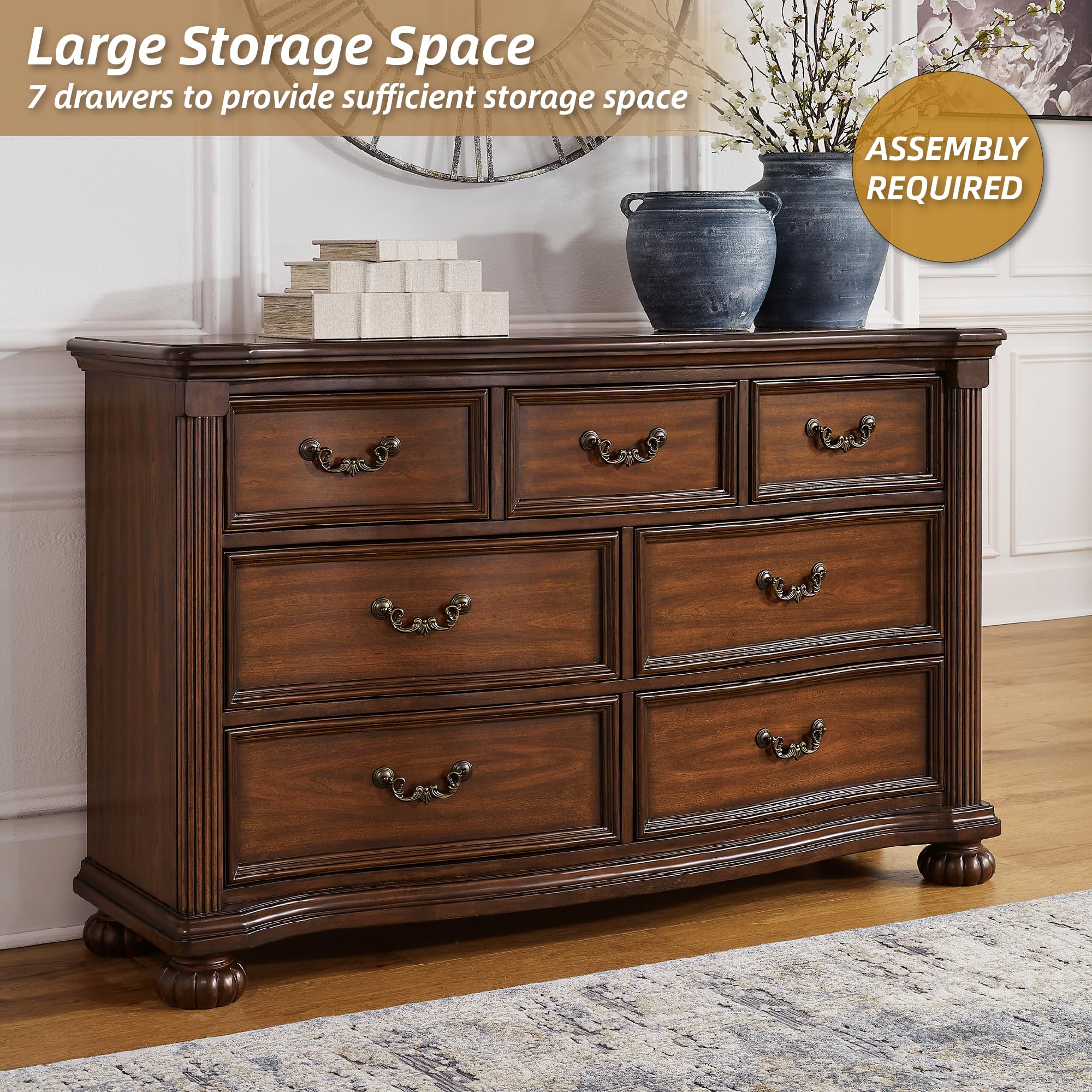Signature Design by Ashley Lavinton Traditional Dresser with 7 Smooth-Gliding Drawers and Felt-Lined Top Drawer for Bedroom, Dark Brown, 60' W x 18.63' D x 37.5' H
