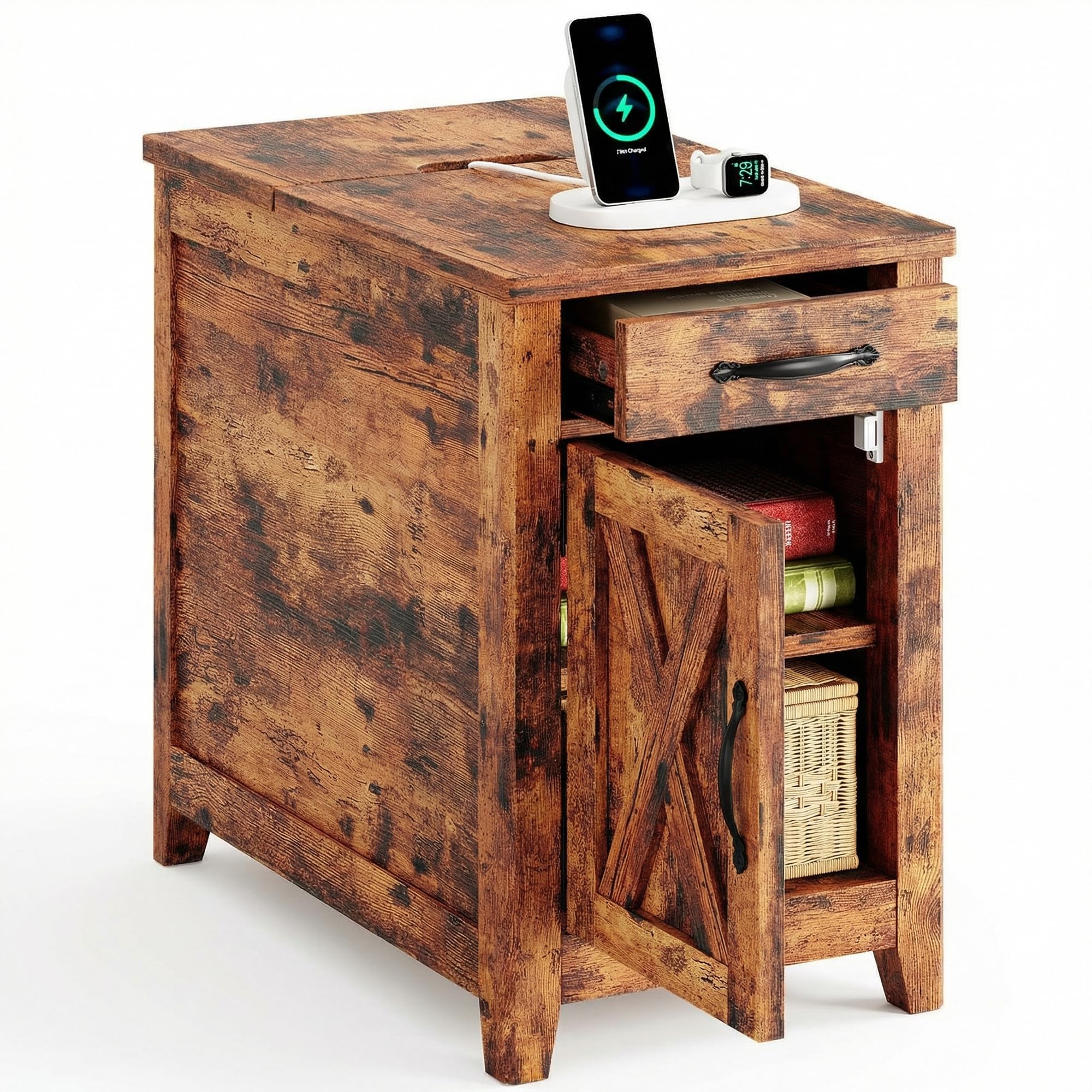 IRONCK End Table with Charging Station, Narrow Side Table for Living Room, Farmhouse Night Stand for Bedroom, Bedside Table with Storage and Drawer for Home, Vintage Brown