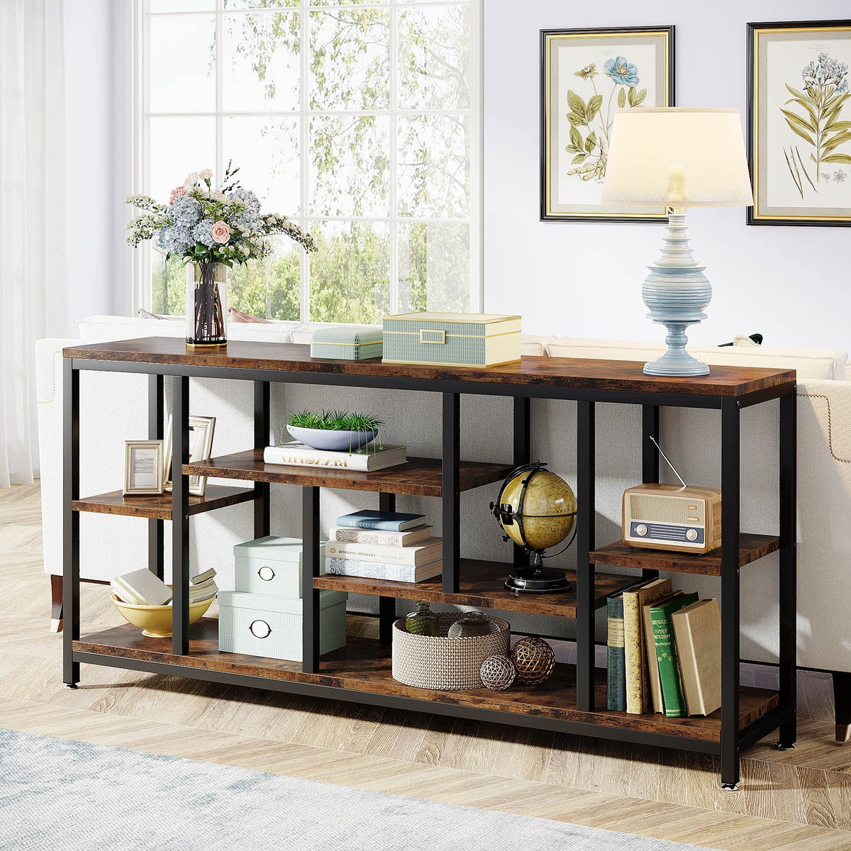 Tribesigns Console Sofa Table, 70.9 inch Extra Long Table Behind Couch with Storage Shelves, 3-Tier Industrial Narrow Entryway Hallway Accent Table for Living Room, Rustic Brown