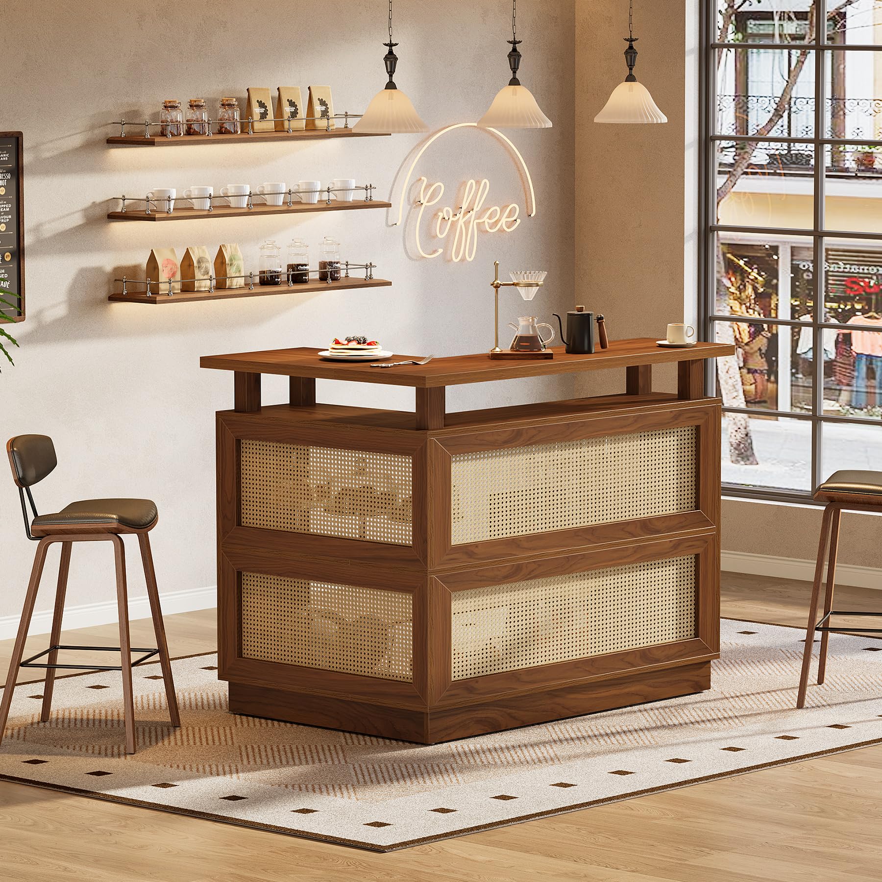 Tribesigns L Shaped Bar Table with 4-Tier Storage Shelf, Rattan Home Bar Unit with 2 Stemware Racks and Heightened Base, Corner Mini Coffee Liquor Cabinet for Home/Kitchen/Pub, Brown