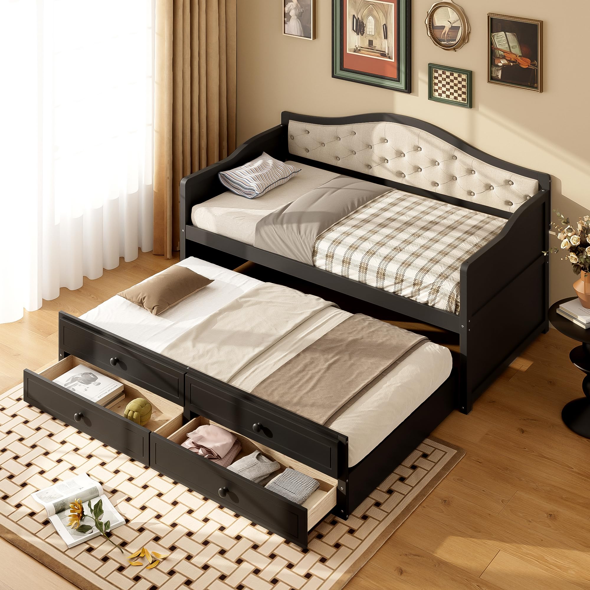 Bellemave Twin Size Daybed Frame with Trundle and Storage Drawers,Day Bed Frame Twin Size,Wood Daybed with Upholstered Button Tufted Backrest for Bedroom,Living Room,Black