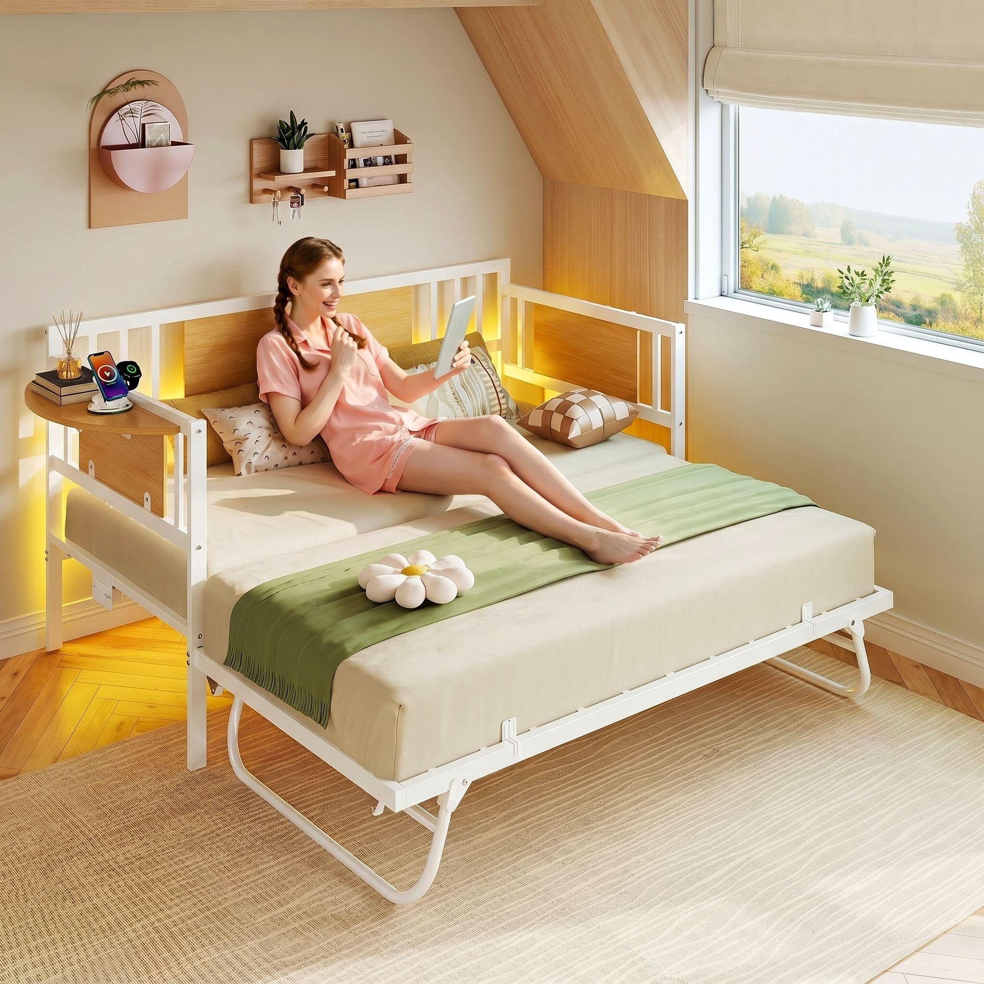 Twin Daybed with Trundle, LED Lights & Charging Station
