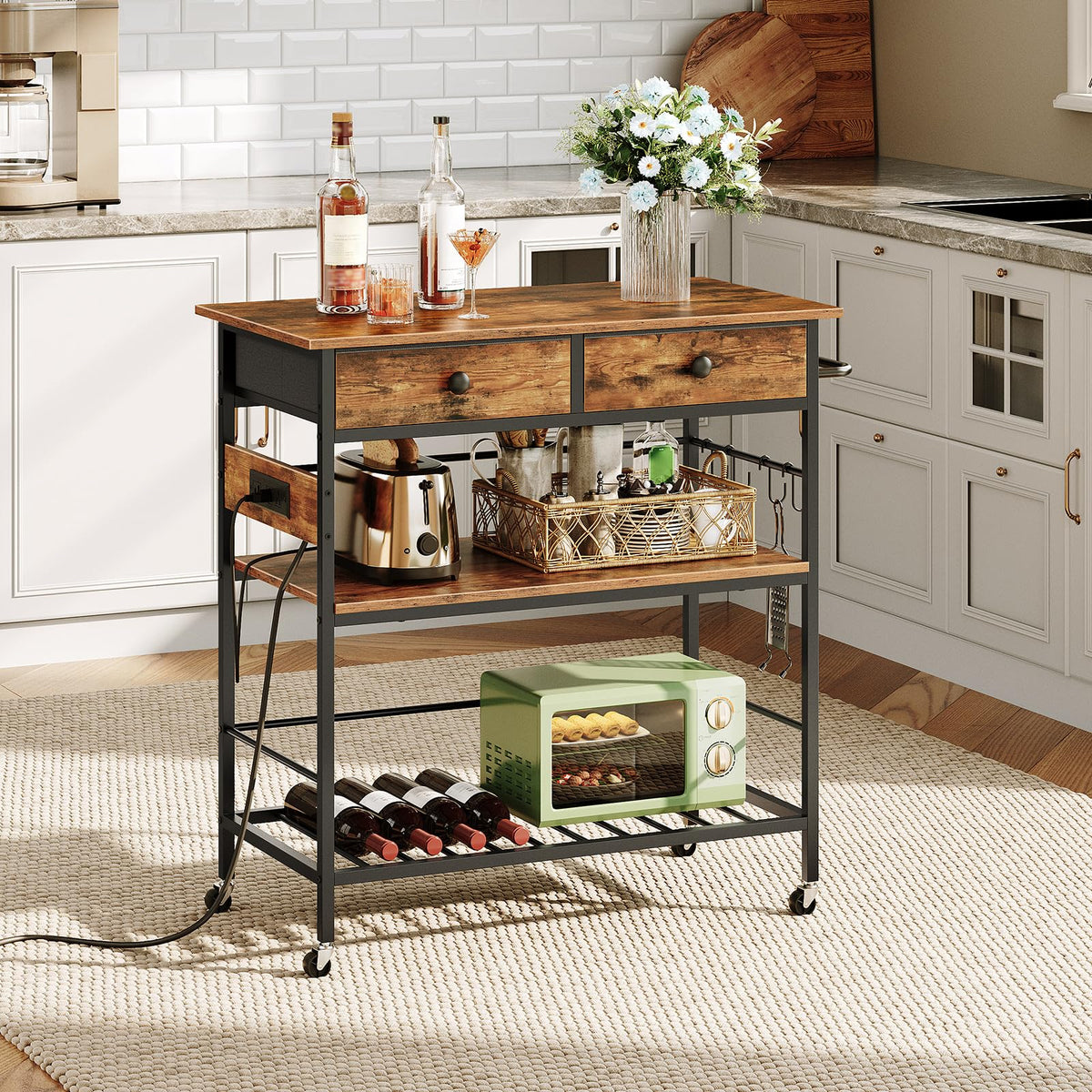 Rolling Kitchen Island with Drawers and Outlet