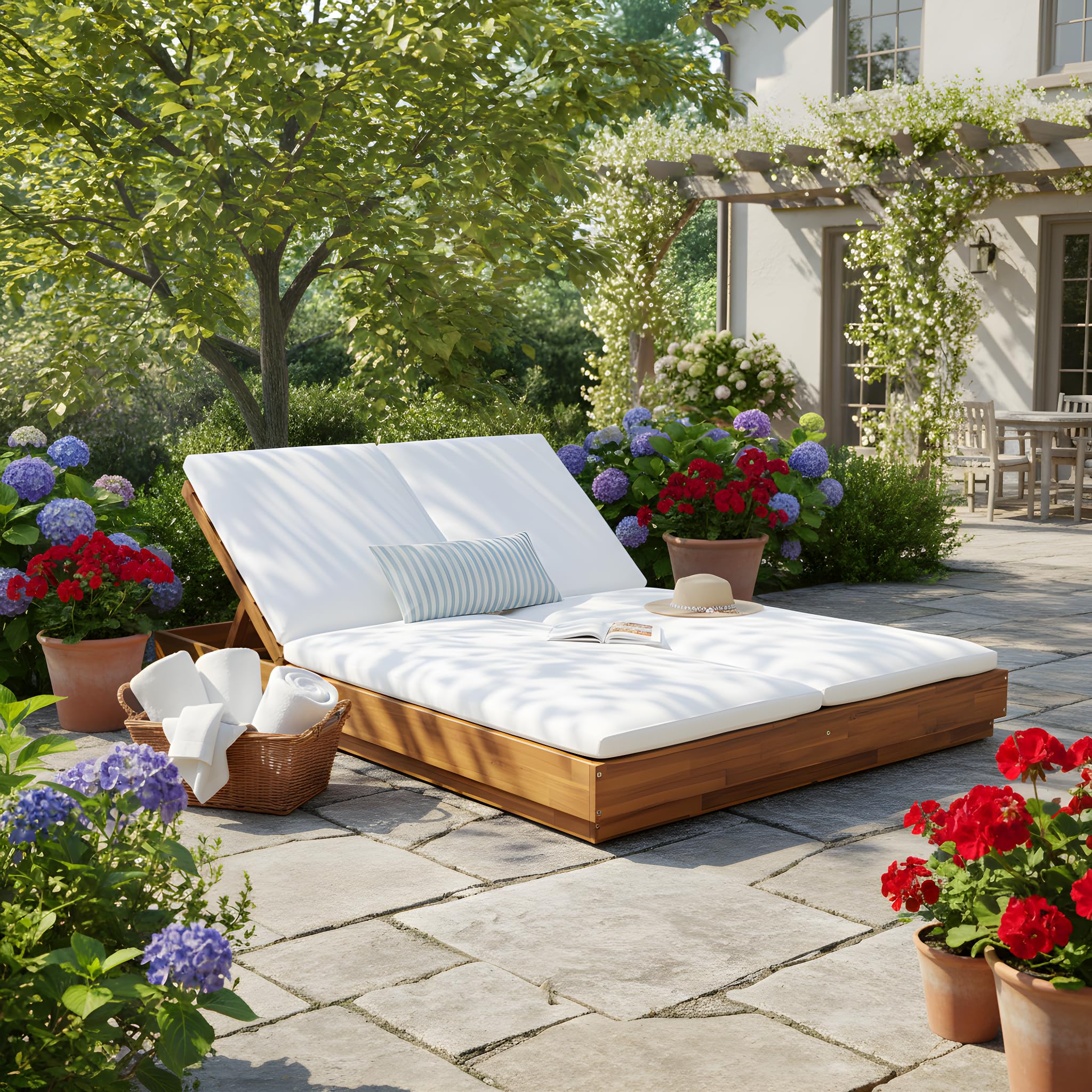 Double Outdoor Chaise Lounge with Cushion & Adjustable Backrest