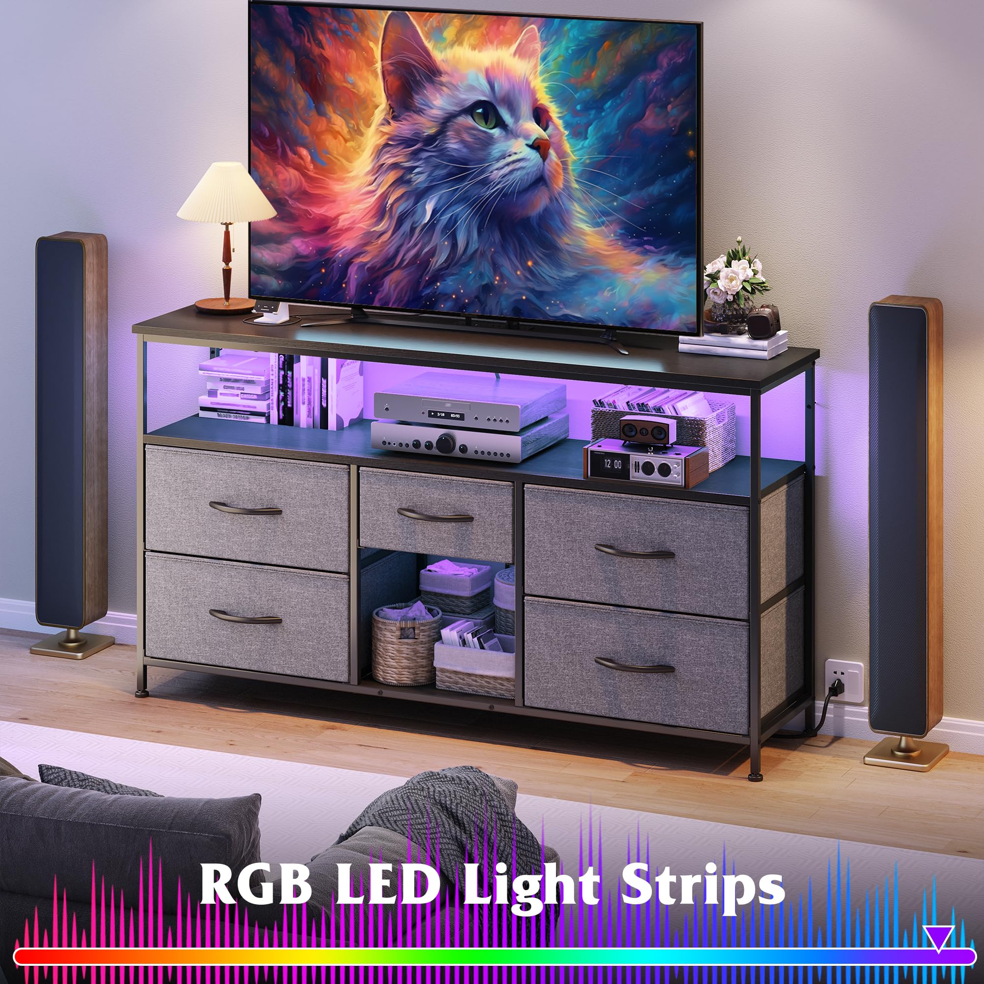 EnHomee TV Stand Dresser with LED Lights & Power Outlets, Entertainment Center for 50" Inch TV, 5 Drawers TV Stand for Bedroom Media Console with Shelves for Living Room, Sturdy Metal Frame, Grey