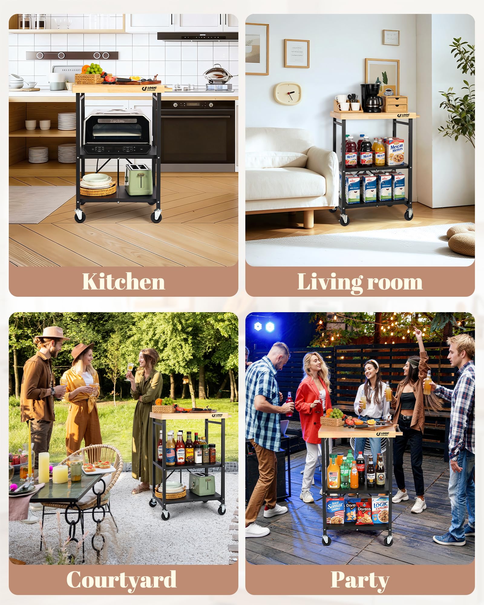 Logicexplore Foldable Kitchen Storage Cart with Solid Oak Top, Heavy-Duty Metal Frame, 3-Tier Rolling Utility Rack, Kitchen Island on Lockable Wheels for Microwave, Toaster Oven & Food Prep