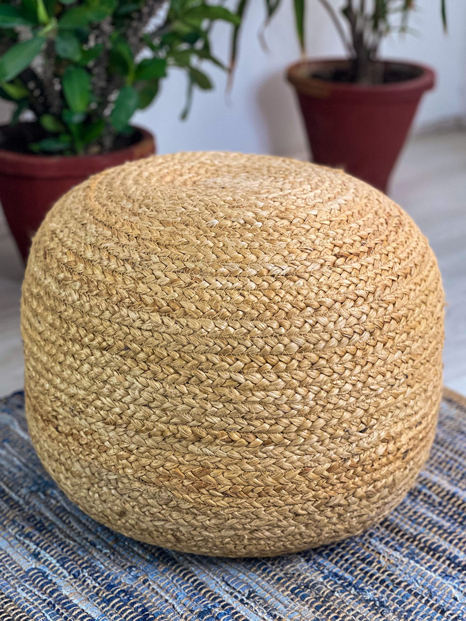 Chardin home- Natural Braided Ottoman Pouf - Cozy & Bohemian Jute/Hemp Hand Crafted Casual Seating for Home, Office, Bedroom, 18"x18"x14". (Golden Brown)