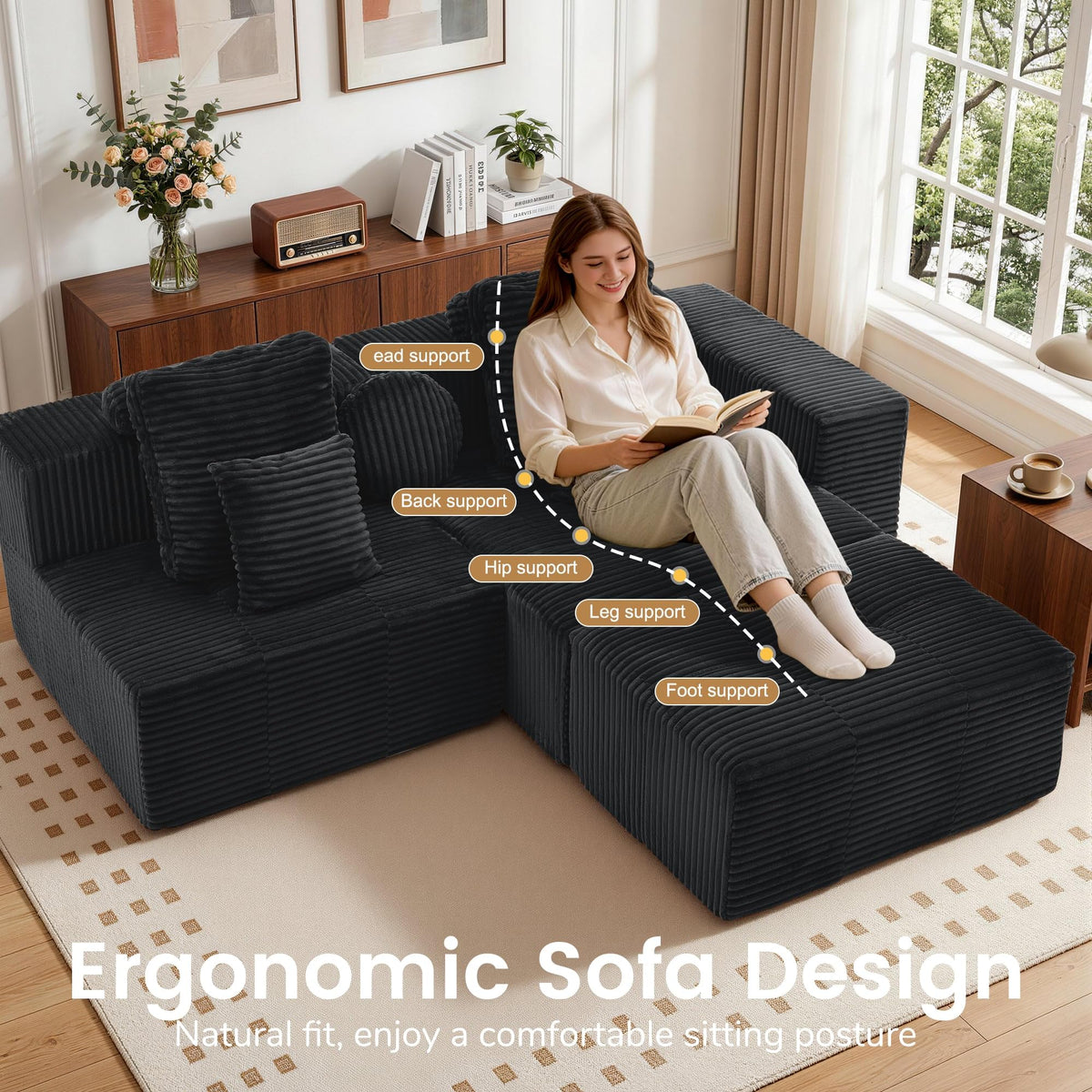 Corduroy Modular Sectional Sofa with Ottoman