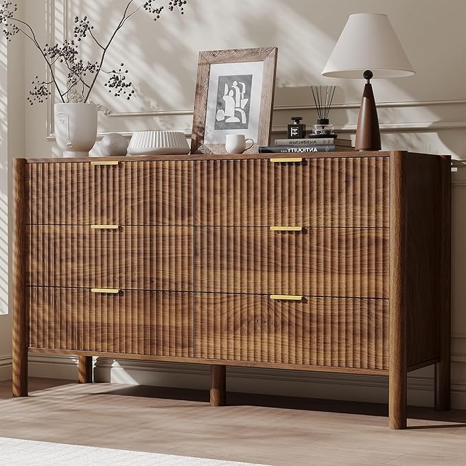 Fluted Walnut Dresser with Gold Handles