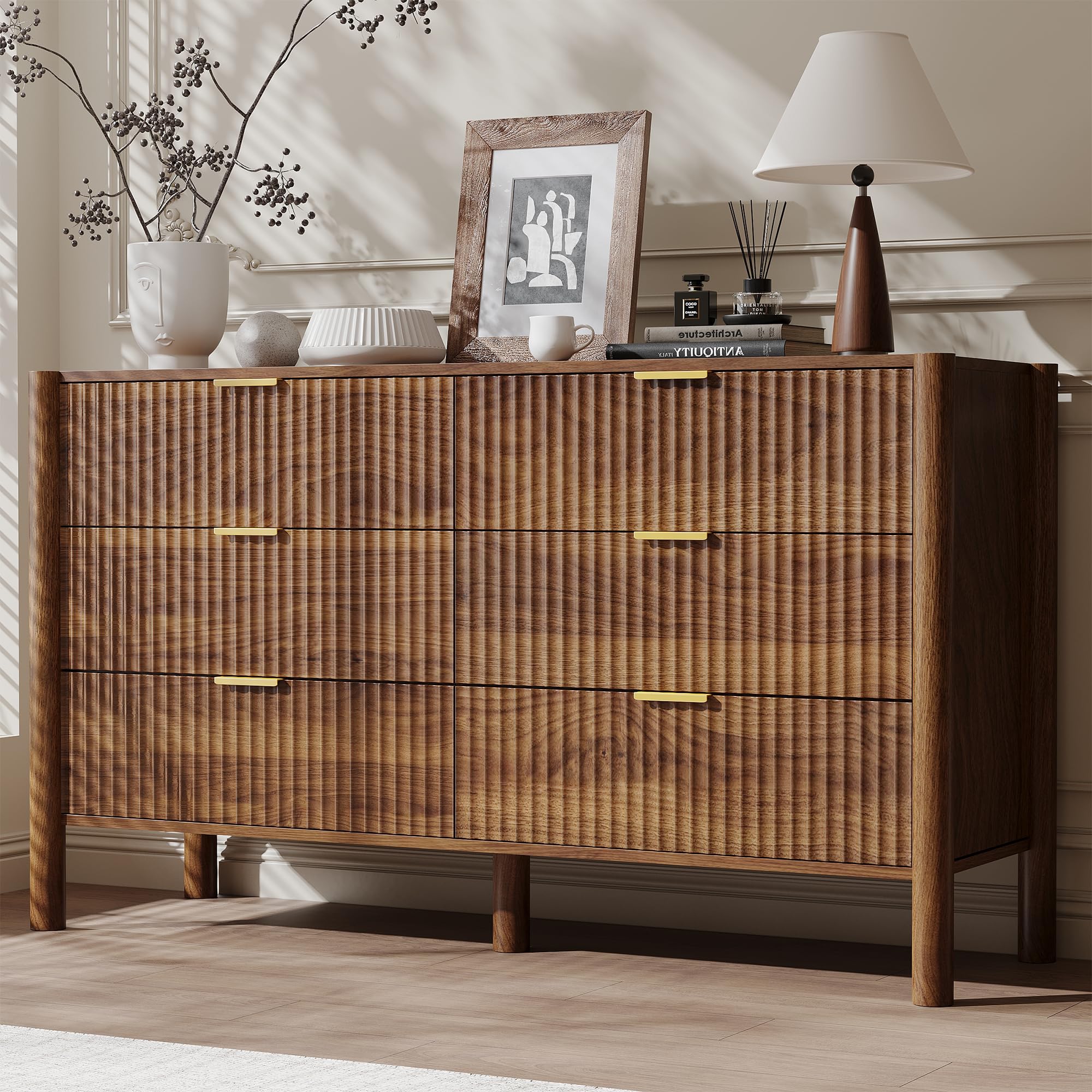 CHUWELL Fluted Walnut Dresser for Bedroom, 55.1" Wide Mid Century Modern Chest of Drawers with 4 Solid Wood Cylindrical Legs & Gold Metal Handles, 6 Drawer Large Dresser for Bedroom