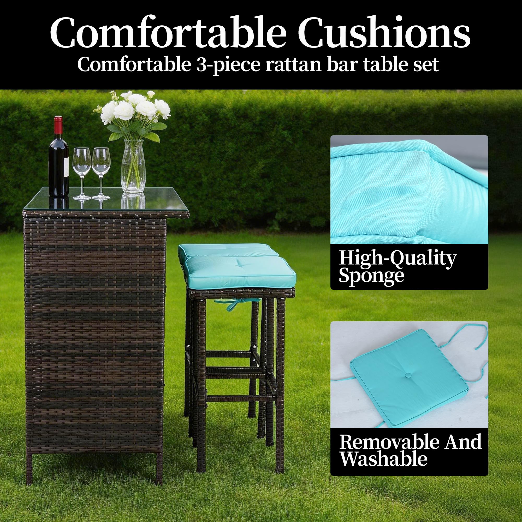 3-Piece Patio Wicker Bar Set with Glass Top & Cushioned Stools