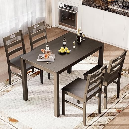 5-Piece Solid Wood Dining Table Set with Faux Marble Top
