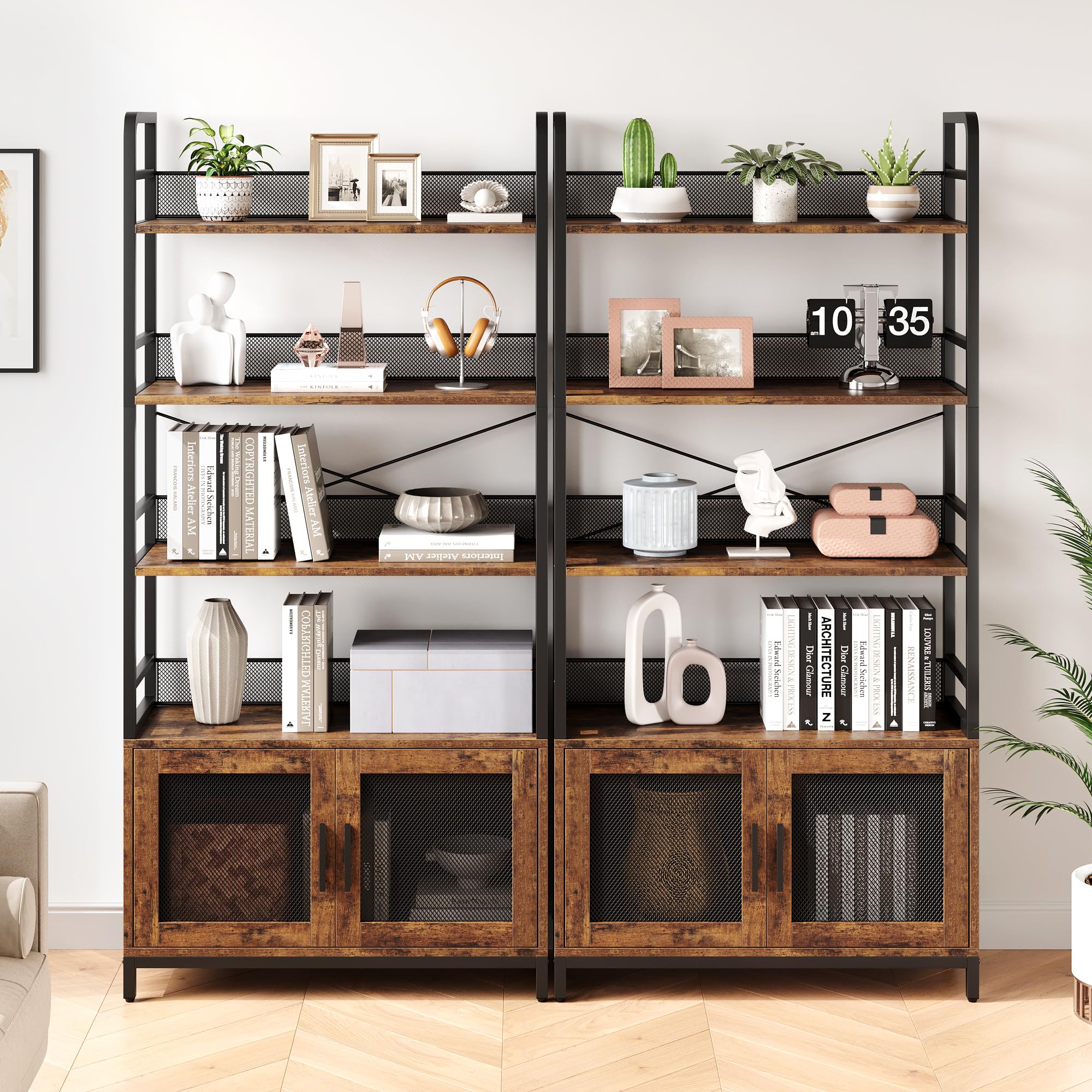 Industrial Bookshelf with Doors & 4 Open Shelves