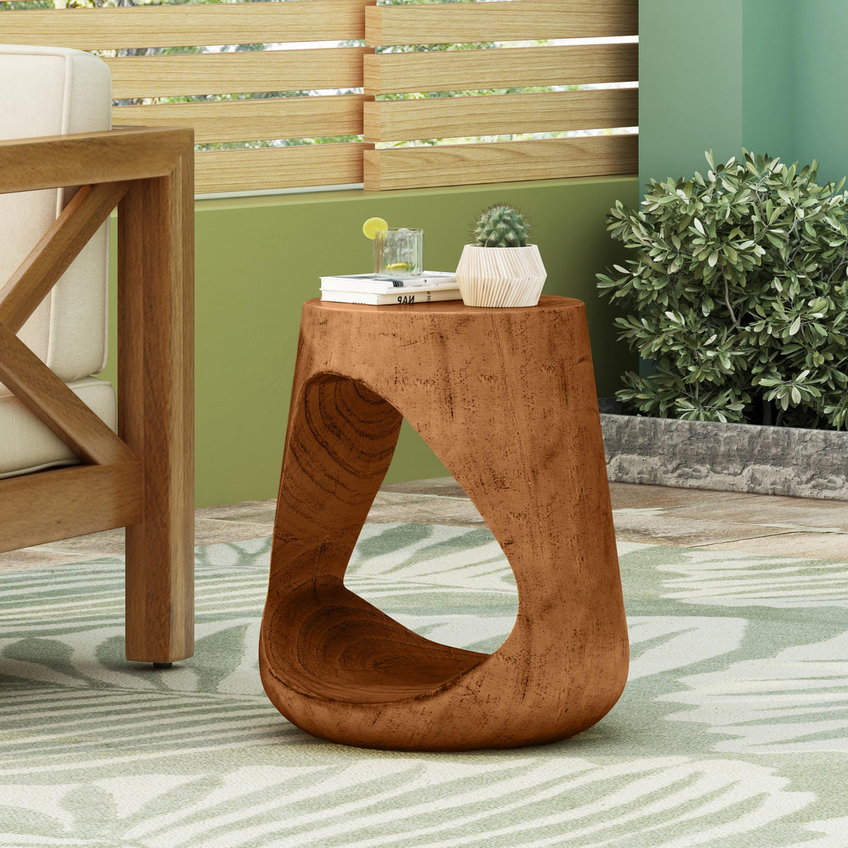 Christopher Knight Home Novi Outdoor Side Table, Hollow Round-shaped Decorative Accent Side End Table, Garden Stool for Patio Balcony Beach Pool, Lightweight Concrete, Wood-Like Texture, Antique Brown