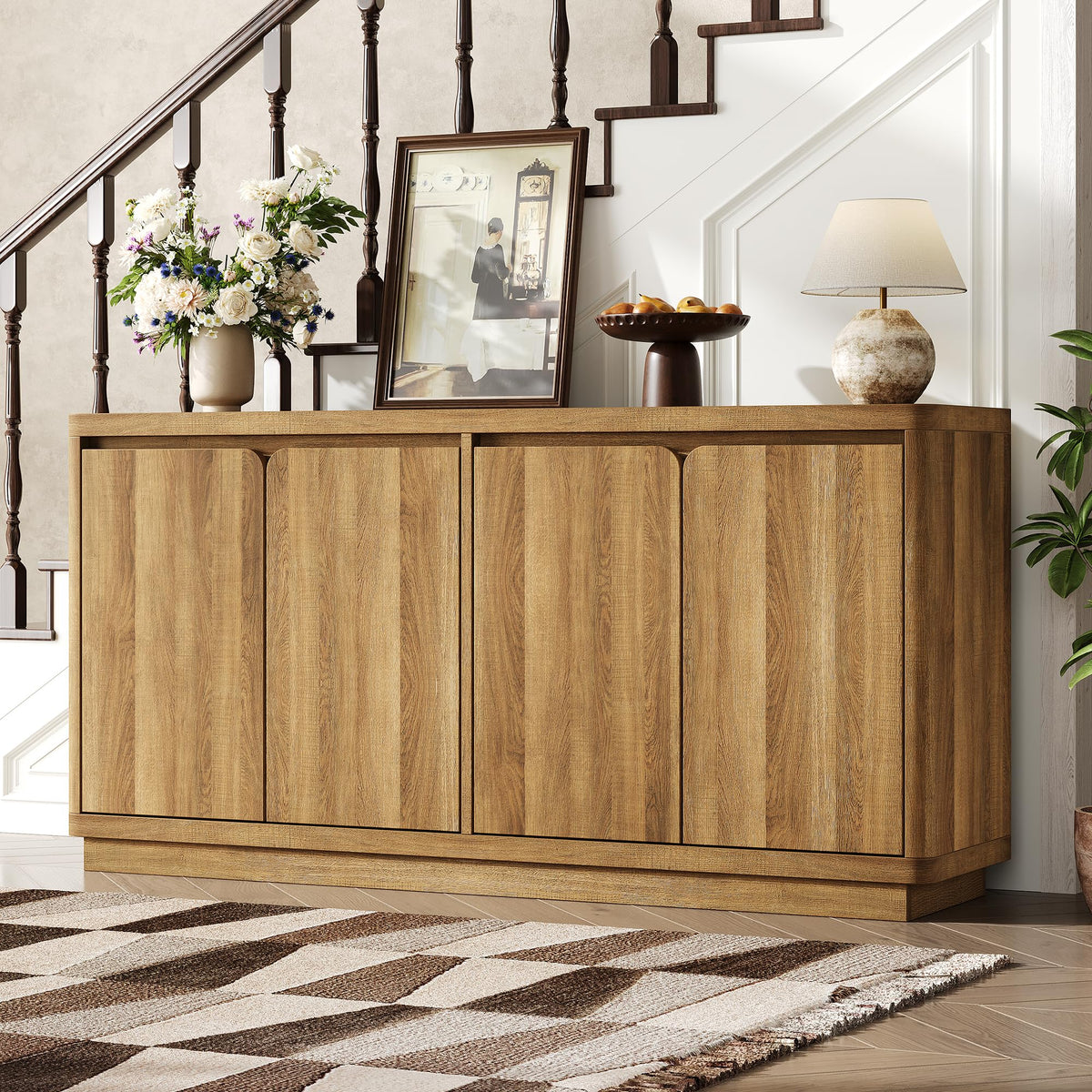 knoworld 63" Buffet Cabinet with Storage & Power Outlet, Wood Sideboard Credenza with Double-Arc Doors, Modern Coffee Bar Console Table for Kitchen Dining Room, Natural
