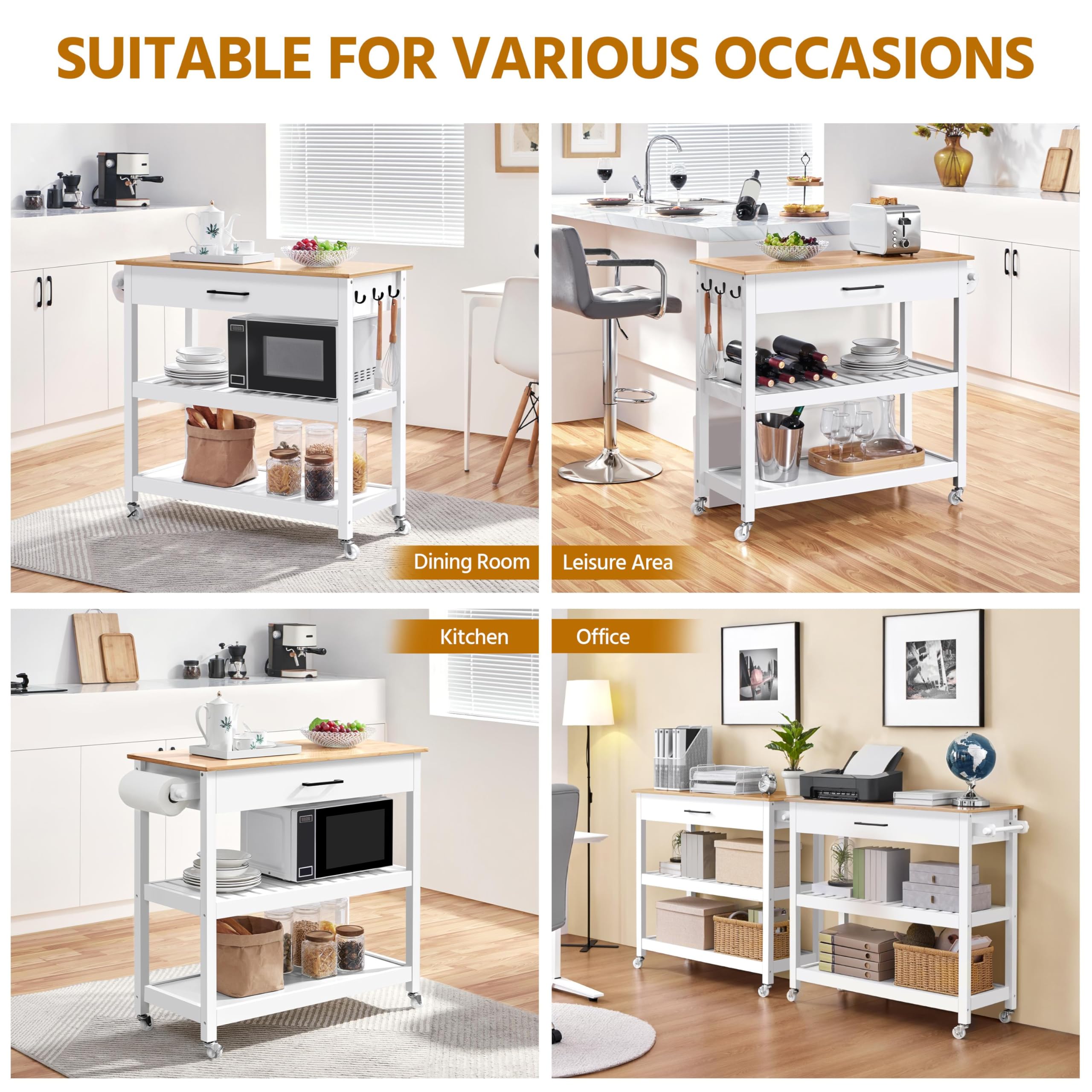 Kitchen Island Cart on Wheels with Drawer, Towel Bar & Hooks