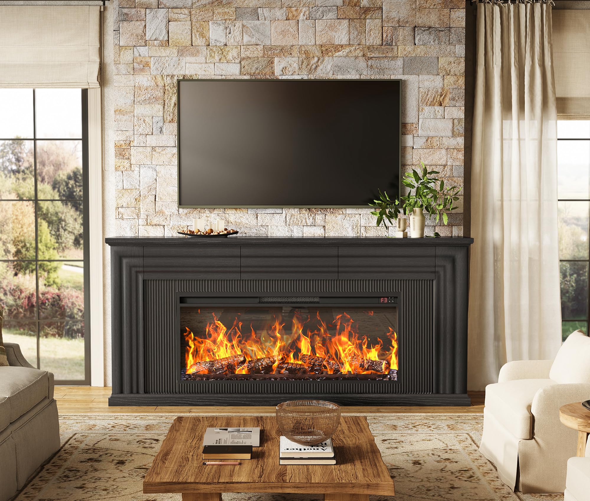 70" Fireplace TV Stand with 42" Electric Fireplace & 3 Drawers