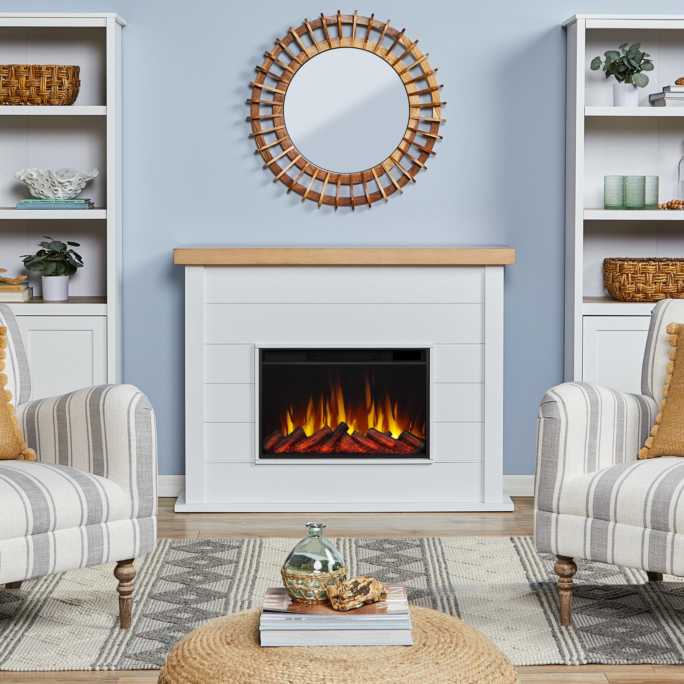Real Flame Marshall 49" Slim Electric Fireplace with Mantel for Living Room or Bedroom, Replaceable Fireplace Insert Heater, Realistic Log and Flame Effect, Remote Control, White