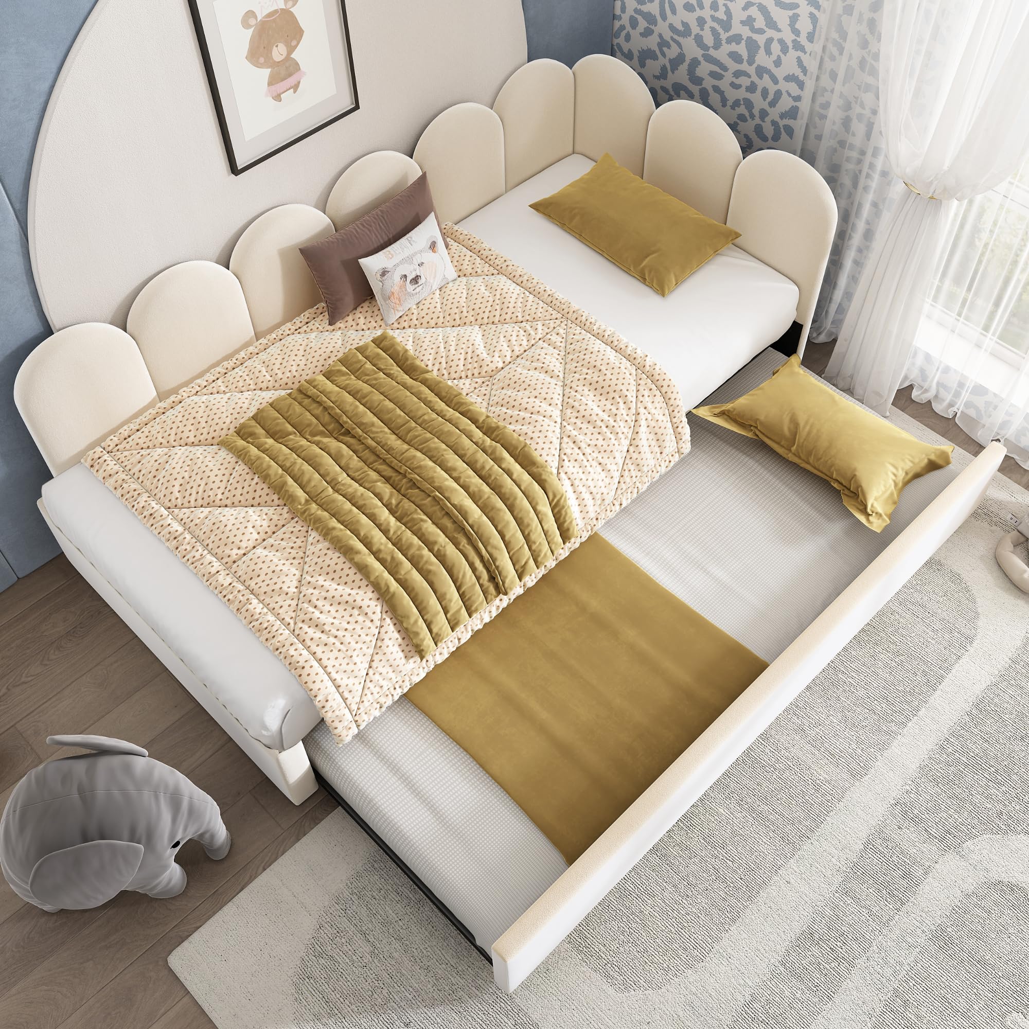 Ball & Cast Twin Size Daybed with Pull Out Trundle,Upholstered Platform Bed for Adults & Kids,Floor Sofa Daybed W/Metal Slat Support,Bedroom Furniture for Apartment,Guest Room,Living Room,Velvet,Beige