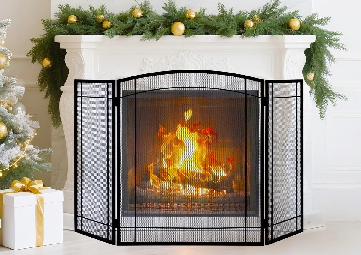 FEED GARDEN 3 Panel Fireplace Screen 48" W x 29" H Modern Foldable with Wrought Metal Decorative Mesh,Arch Heavy Duty Fire Spark Guard Cover for Home Decor Indoor, Black