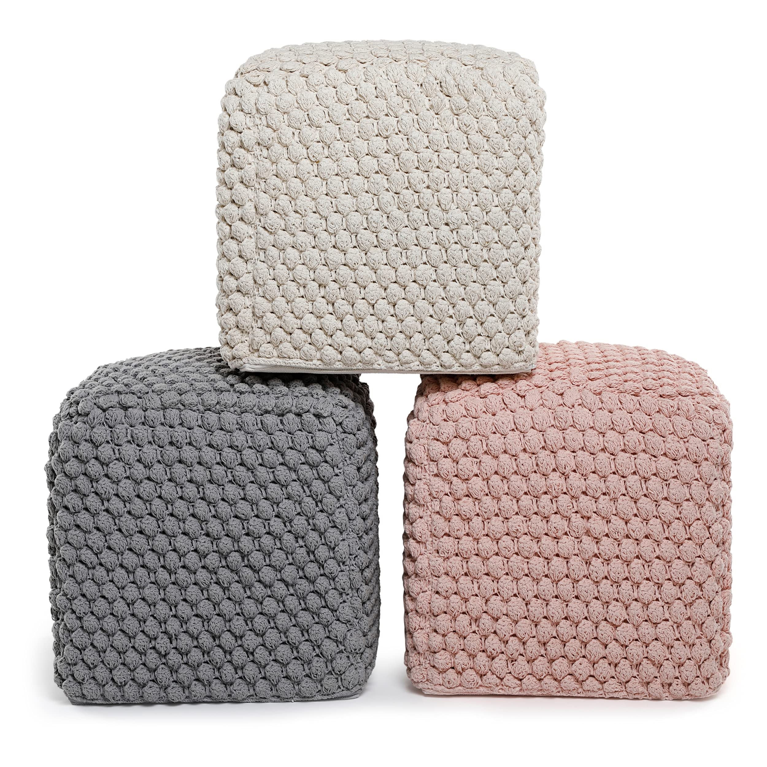 BIRDROCK HOME Square Pouf Ottoman Foot Rest - 18” Compact Comfortable Soft Cotton Knit Bean Bag Floor - Chair Foot Stool Seat for Living Room, Bedroom, Kids Room or Nursery (Grey Bud)