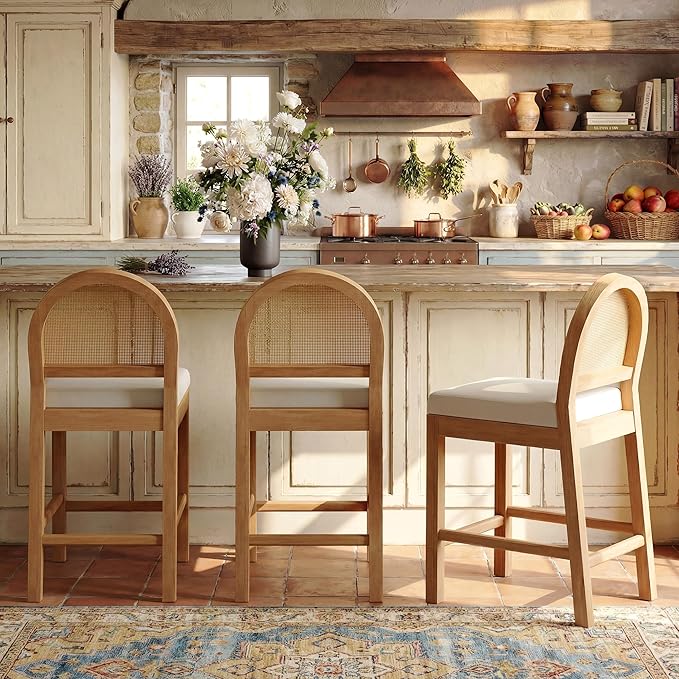 Rattan Bar Stools Set of 4 with Chenille Seat