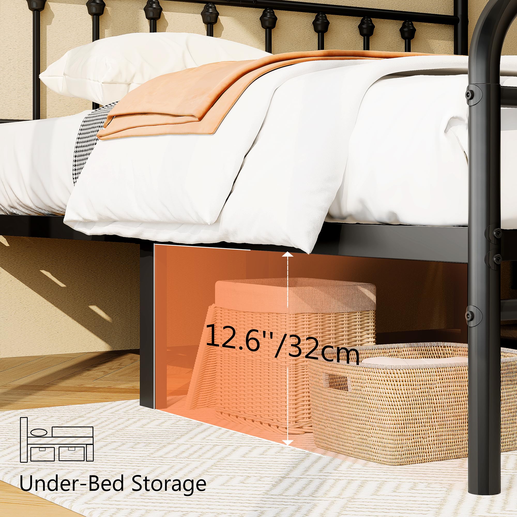 zunatu Full Size Metal Platform Bed Frame/Victorian Style Headboard and Footboard/Steel Slat Support/Easy Assembly/No Box Spring Needed/Underbed Storage/Noise Free/Black