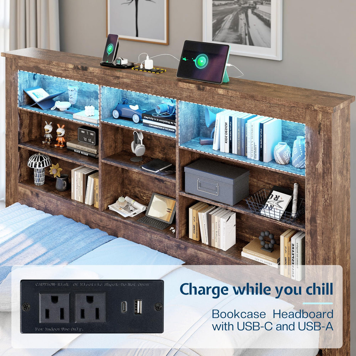 Jocisland Twin Bed Frame Bookcase Headboard, USB/LED＆3 Drawers, Rustic Oak