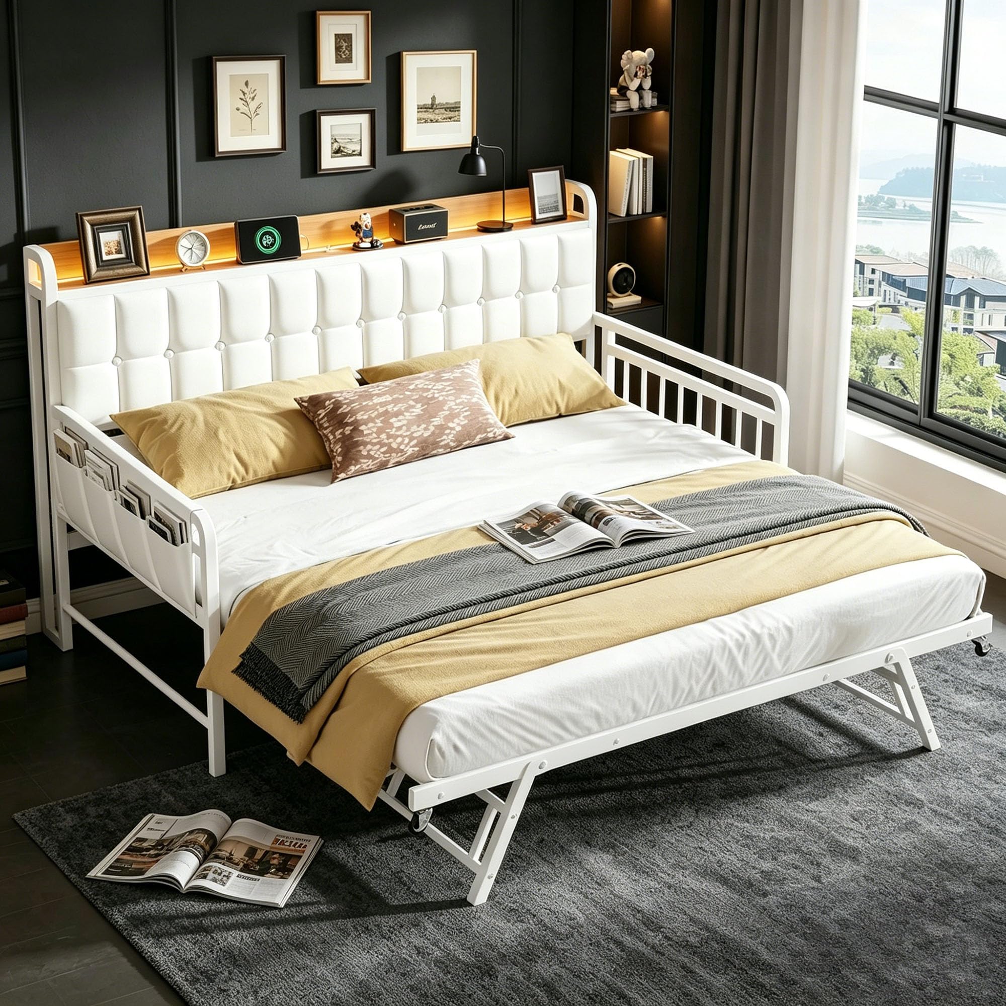 Daybed with Trundle, Metal Twin Bed Frame with Upholstered Storage Headboard, Charging Station & LED, Sofa Day Bed with Pop Up Trundle, Side Pockets, Sturdy Supports for Living Room and Bedroom, White