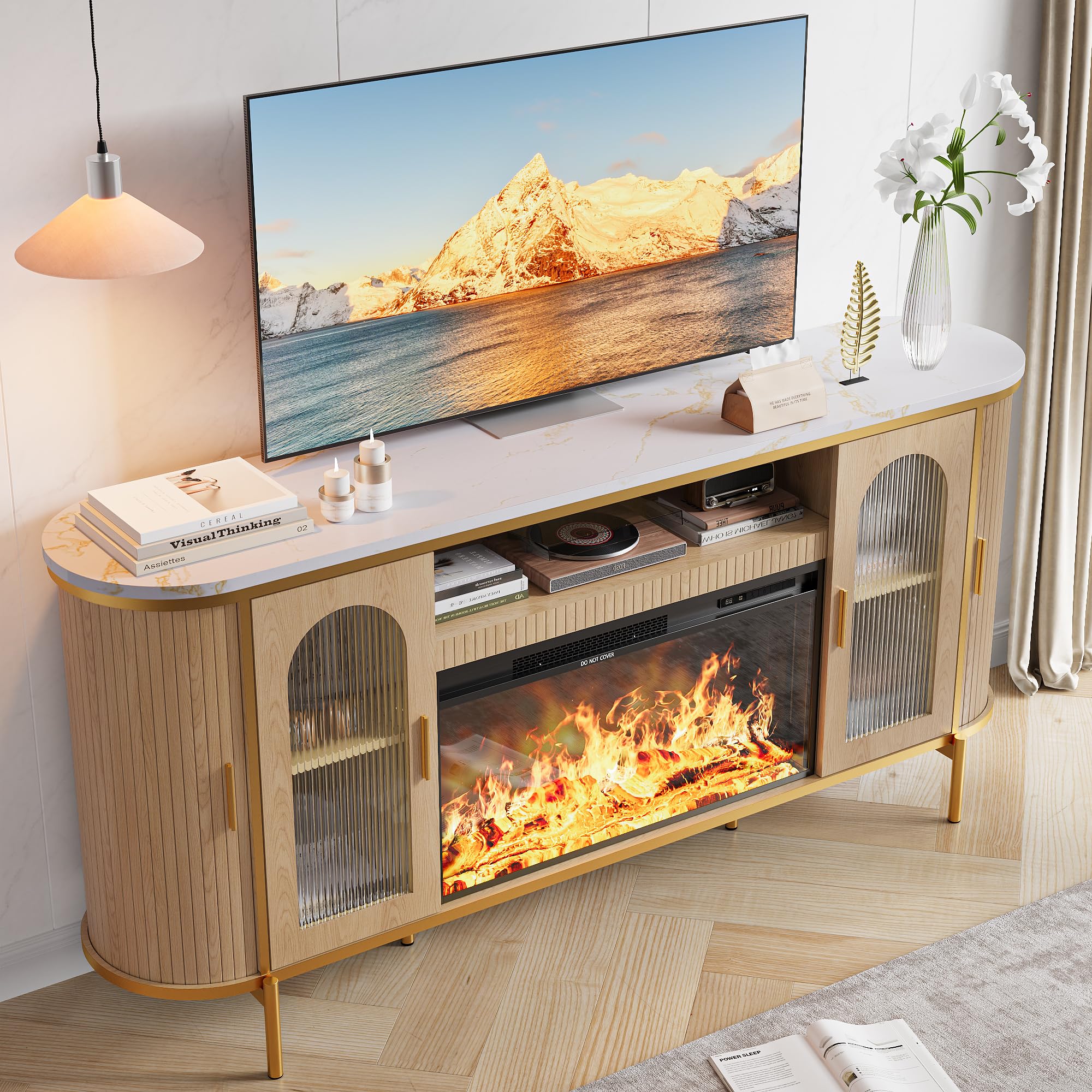 70" Fluted TV Stand with Electric Fireplace