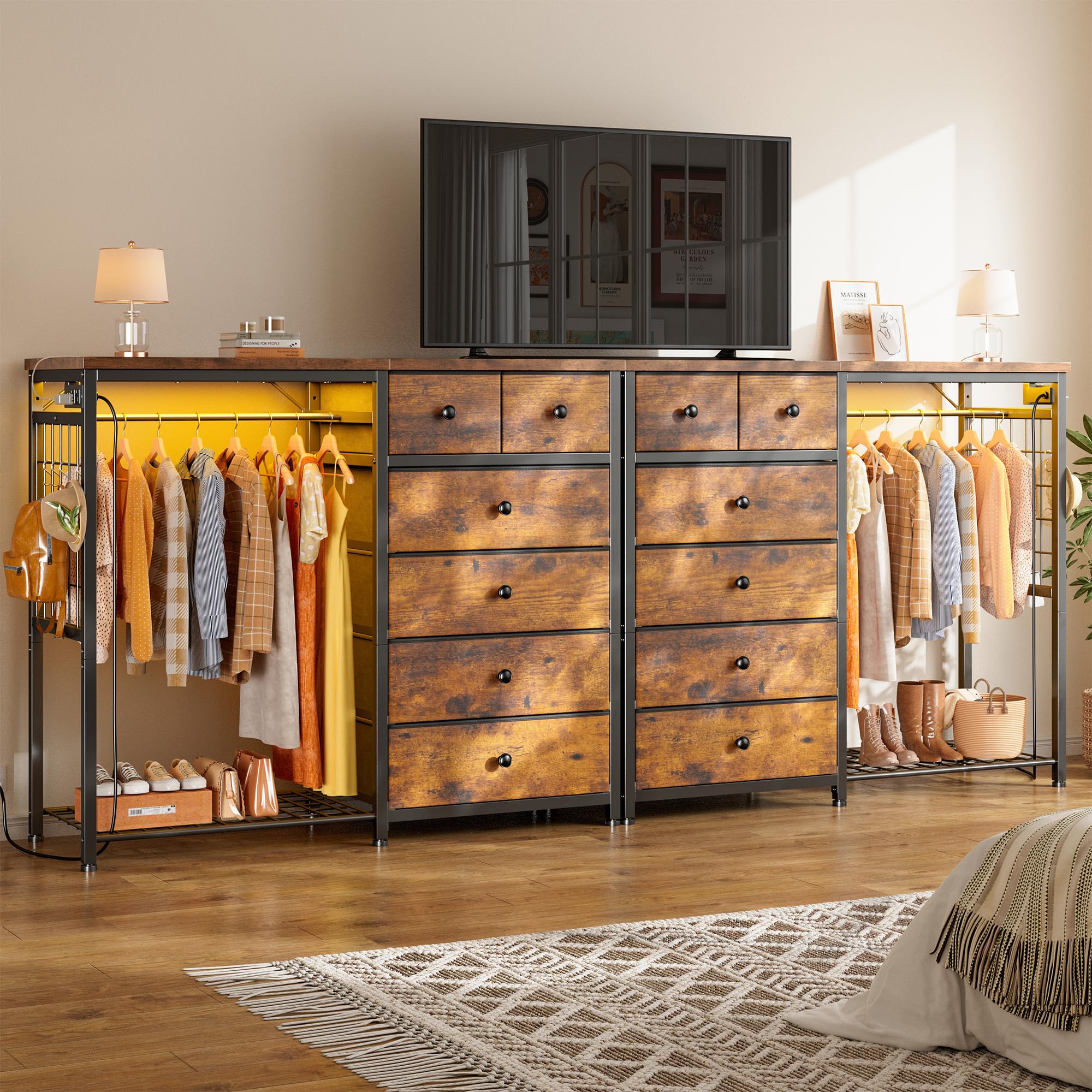 Dresser with Hanging Rack, 6 Drawers, LED Lights & Charging Station
