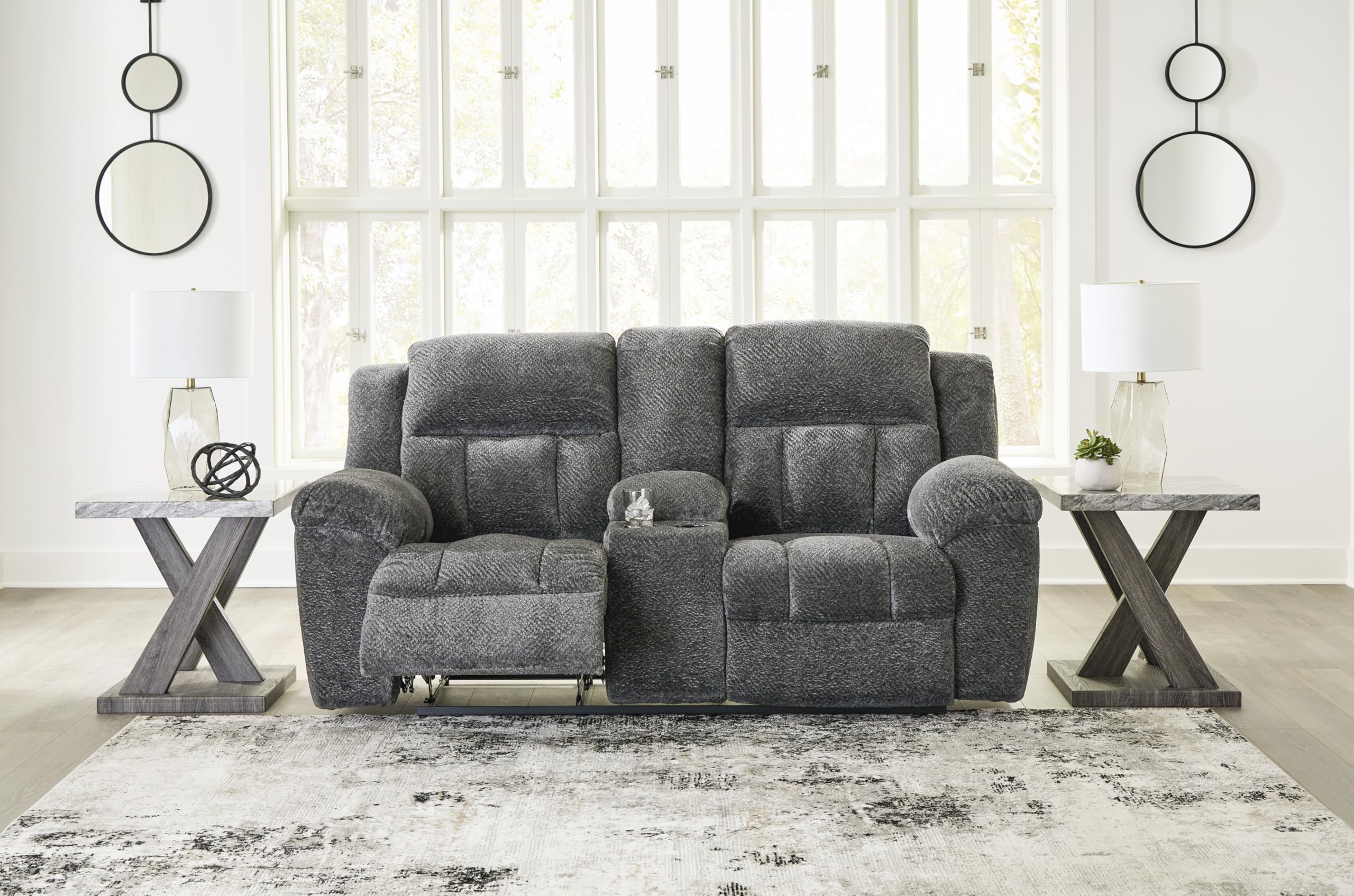 Signature Design by Ashley Frohn Contemporary Manual Reclining Loveseat with Console with Console, Storage and Cup Holders, Gray
