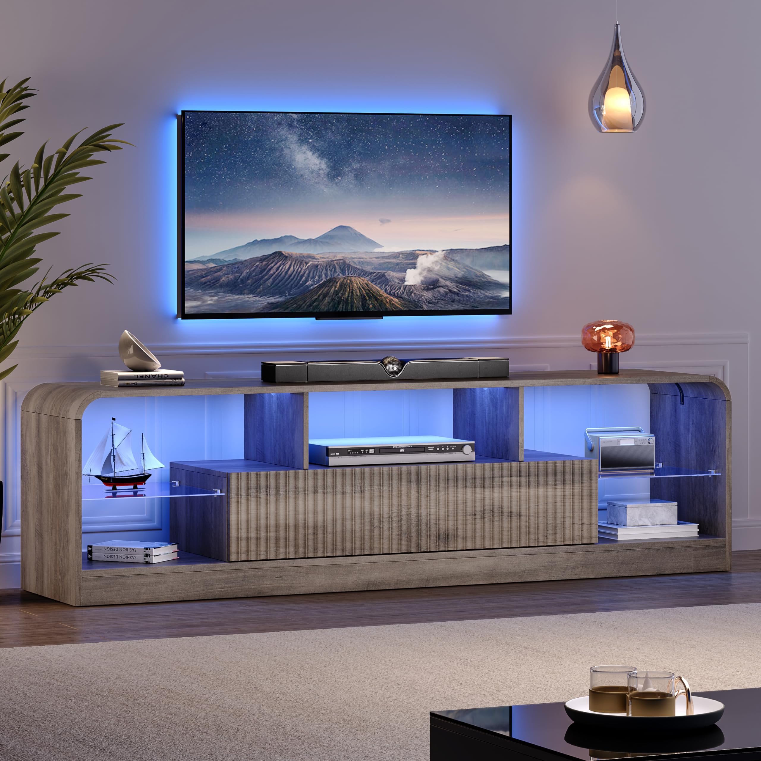 TV Stand with LED Lights & Glass Shelves
