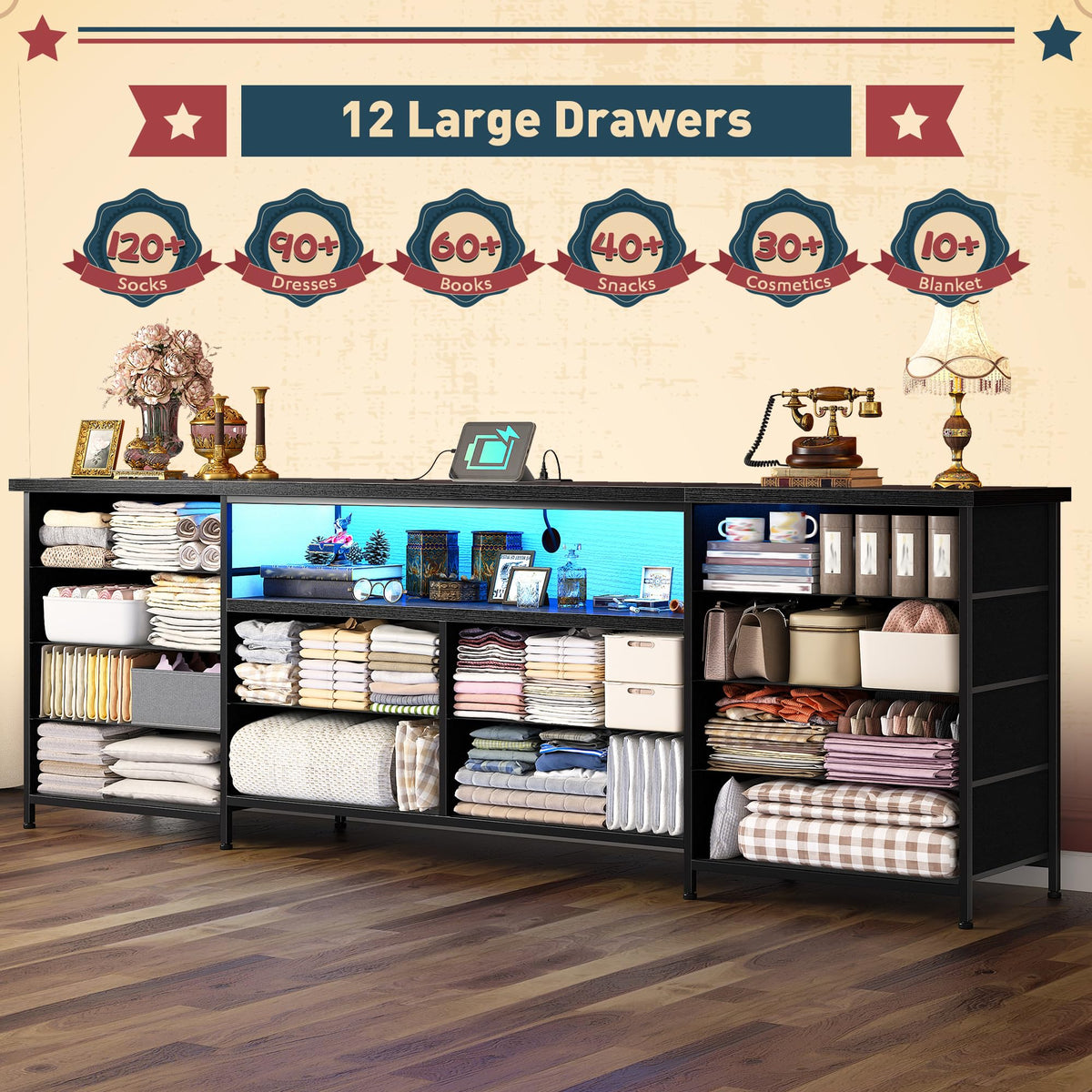 Romorgniz 63" W Dresser for Bedroom with 12 Drawers,LED,Power Outlets