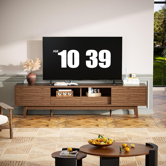 70" Mid-Century Modern TV Stand with Fluted Sliding Doors