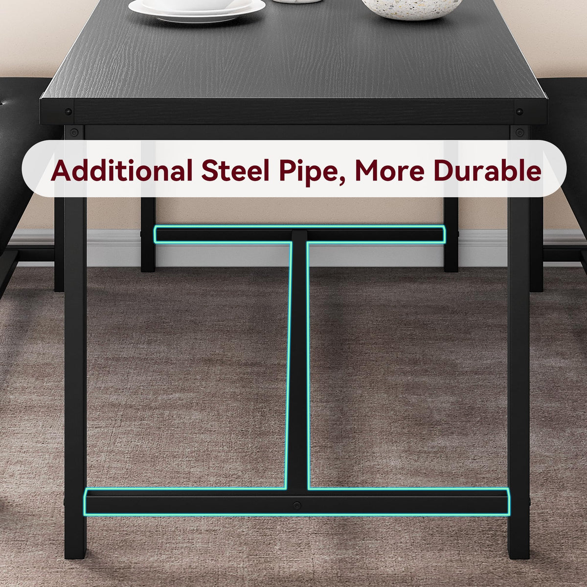 Amyove Rectangular Dining Table Set for 4, 3 Piece Kitchen Table Set with 2 Upholstered Benches, Retro Black