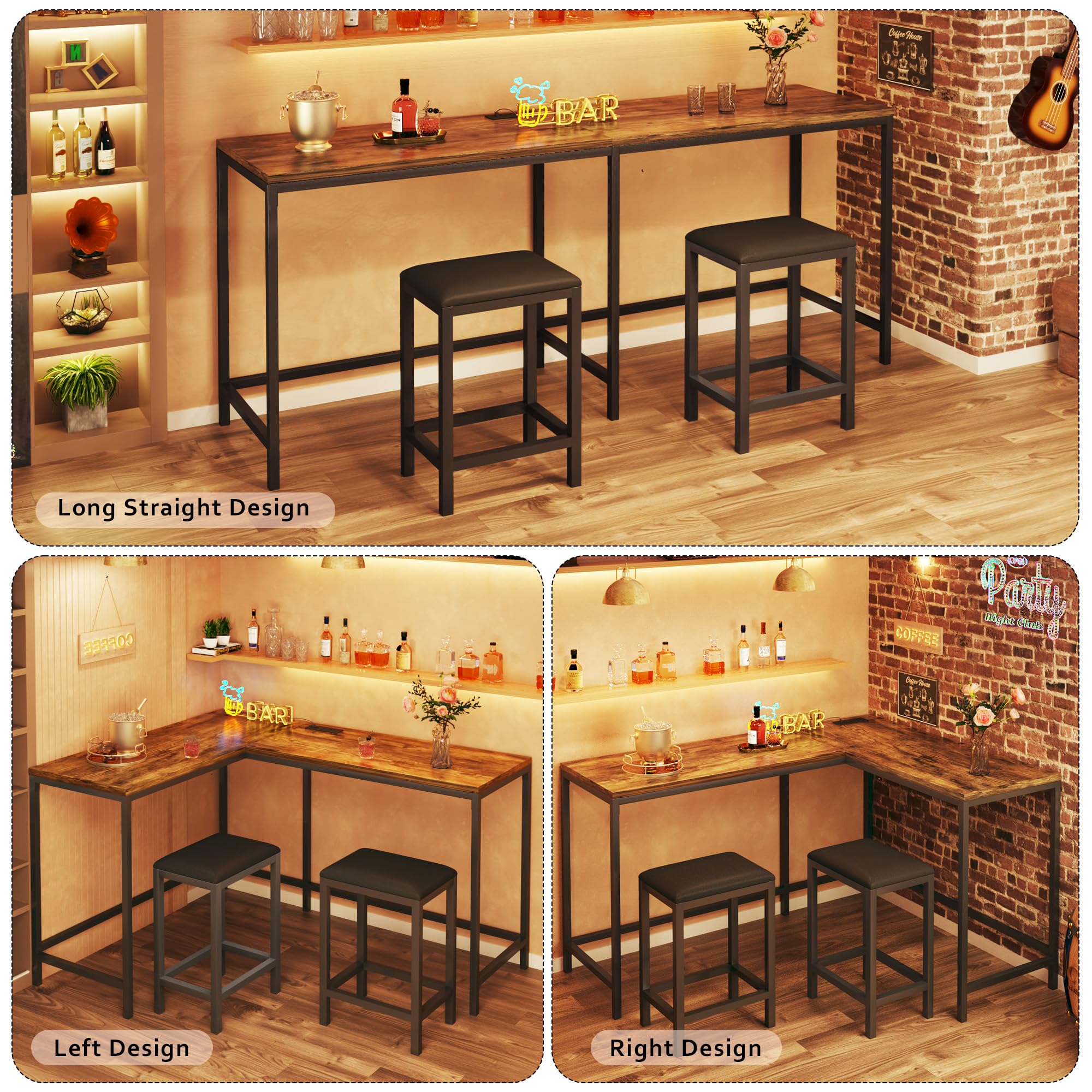 L Shaped Bar Table with Stools, 63‘’ Bar Height Table with Power Outlets, Convertible Corner Counter Height Bar Table with 2 Stools, Rectangular High Top Table for Small Spaces, Breakfast Nook, Rustic