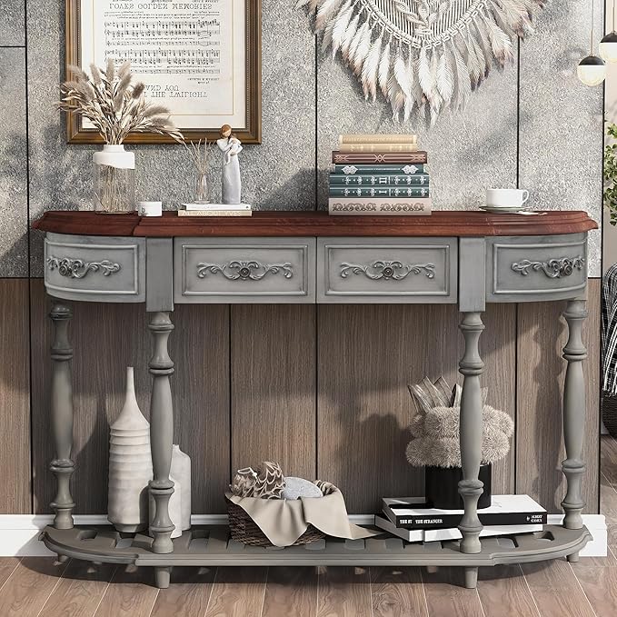 Half Moon Console Table with Drawers & Shelf, 52"