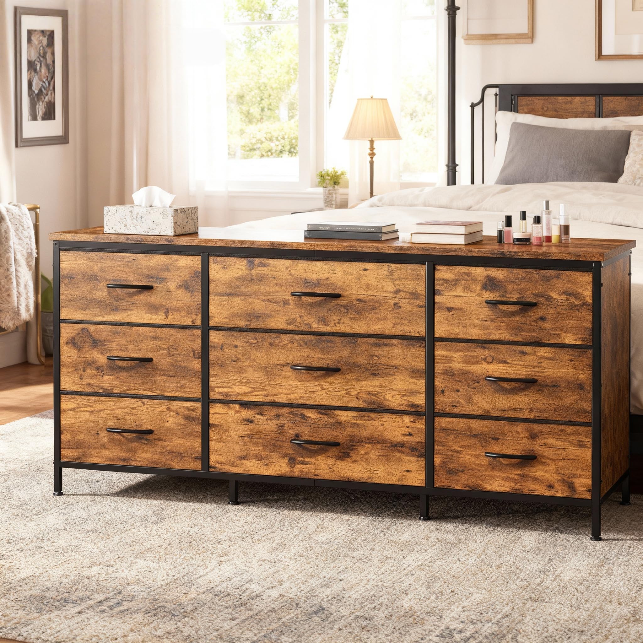 EnHomee Dresser for Bedroom, 9 Drawers Dresser TV Stand for 55, 60 Inch TV, Large Entertainment Center, Wide Chest of Drawers for Closet, Living Room, Rustic Brown