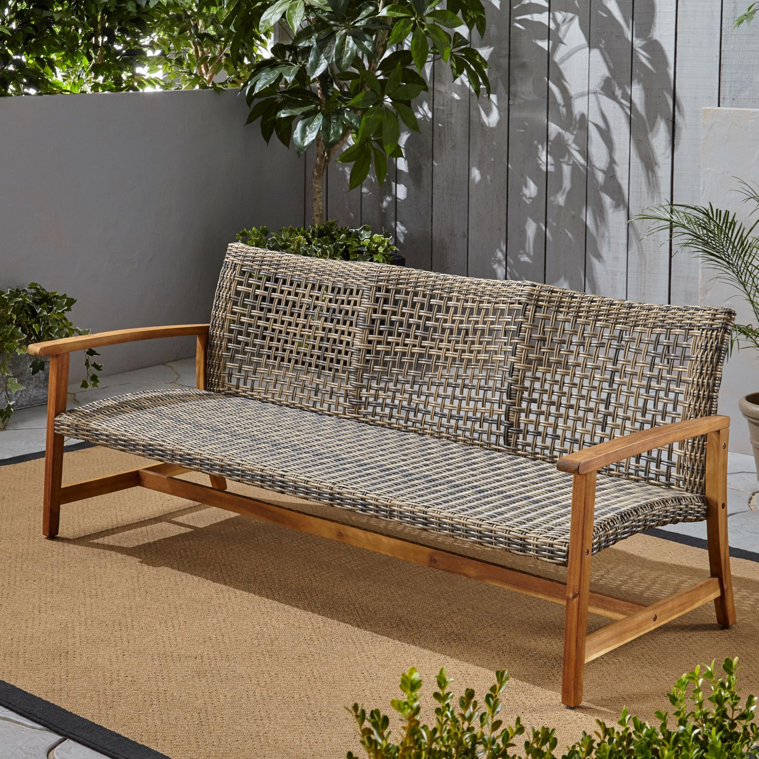Outdoor Wicker Sofa with Acacia Wood Frame, 3-Seat