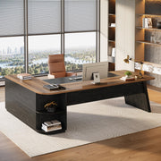 Tribesigns 79-Inch Executive Desk, Large Office Desk with Cabinet, L-Shaped Compter Desk with Storage Shelves, Writing Table for Home Office, Brown and Black