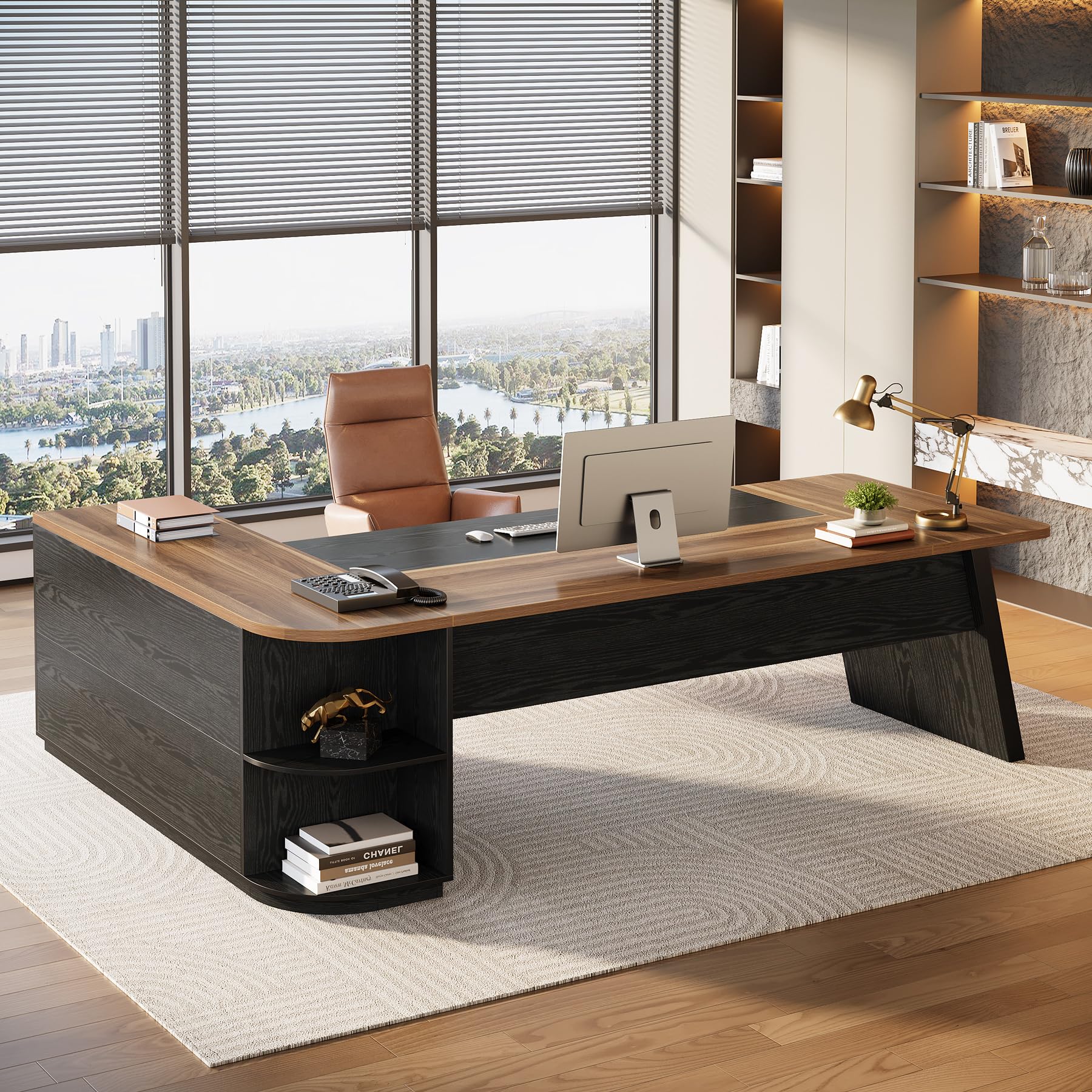 Tribesigns 79-Inch Executive Desk, Large Office Desk with Cabinet, L-Shaped Compter Desk with Storage Shelves, Writing Table for Home Office, Brown and Black