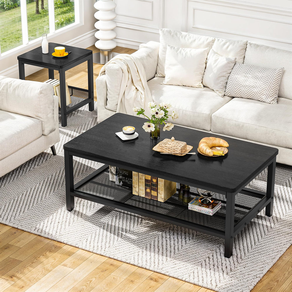 Recaceik 3-Piece Living Room Coffee Table Set, Industrial Coffee Table with 2 Square End Side Tables, Modern Living Room Table Set with Metal Frame for Apartment Home Office (Black)